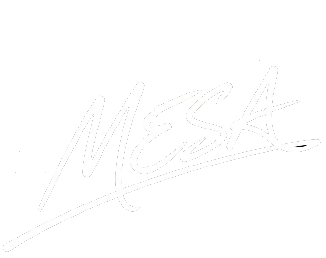Stylized white logo with the word "MESA" written in a cursive script on a black background.