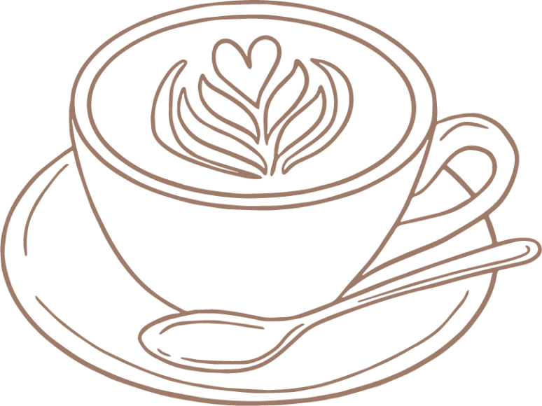 Line drawing of a coffee cup with a heart-shaped latte art design on top, on a saucer with a spoon.