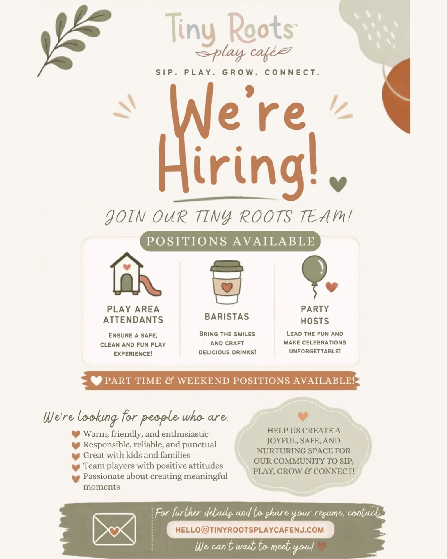 We&rsquo;re looking to grow our Tiny Roots team! 🌱

We&rsquo;re looking for warm, friendly, and reliable people who love working with children and families. 

If you&rsquo;re responsible, enthusiastic, a team player, and ready to help create joyful 