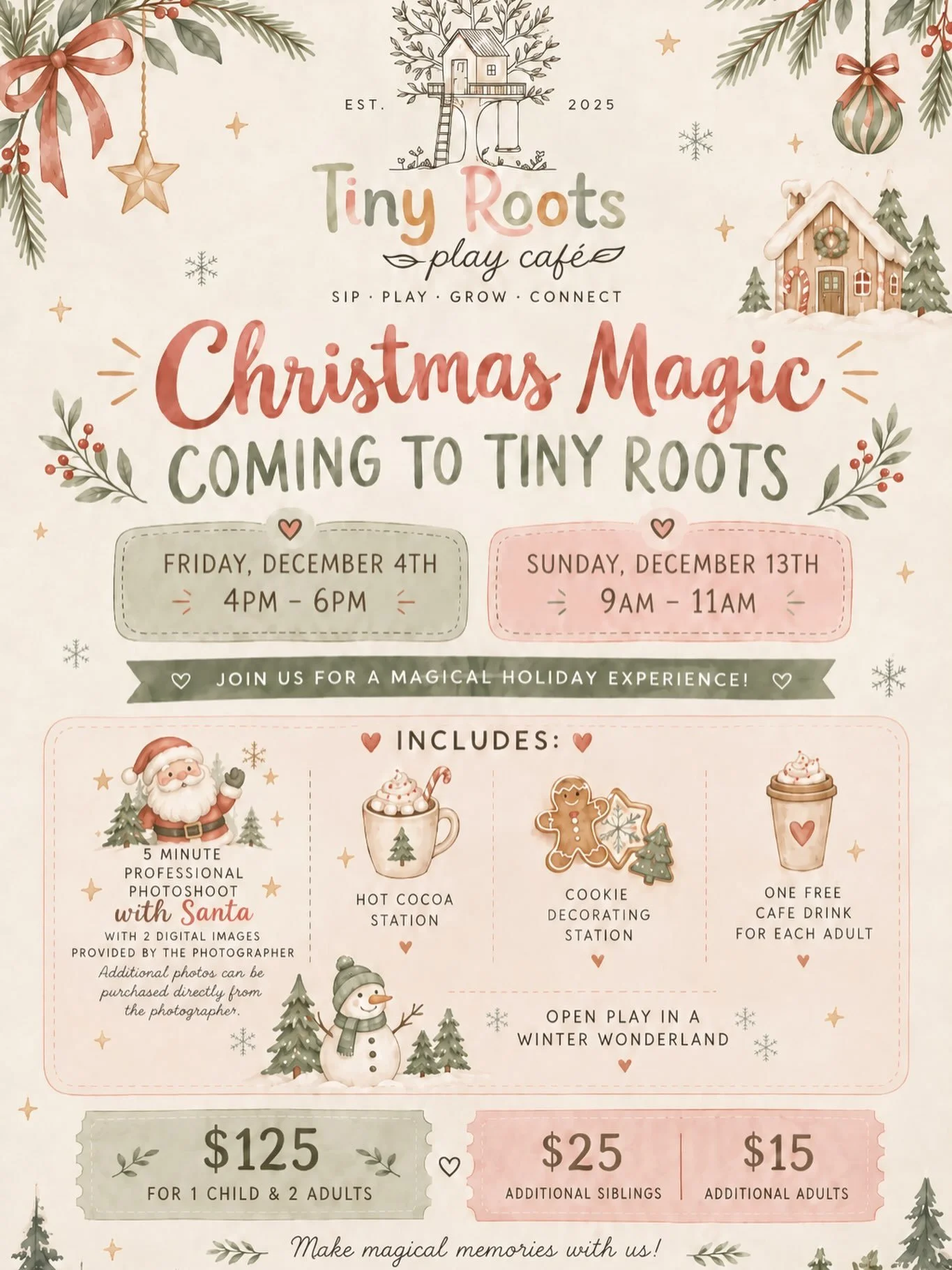 🎄✨ CHRISTMAS MAGIC IS COMING TO TINY ROOTS! ✨🎄

We&rsquo;re turning Tiny Roots into a Winter Wonderland for a very special two day holiday pop-up! Come make magical memories with us, sip something cozy, get creative, play, and capture the sweetest 