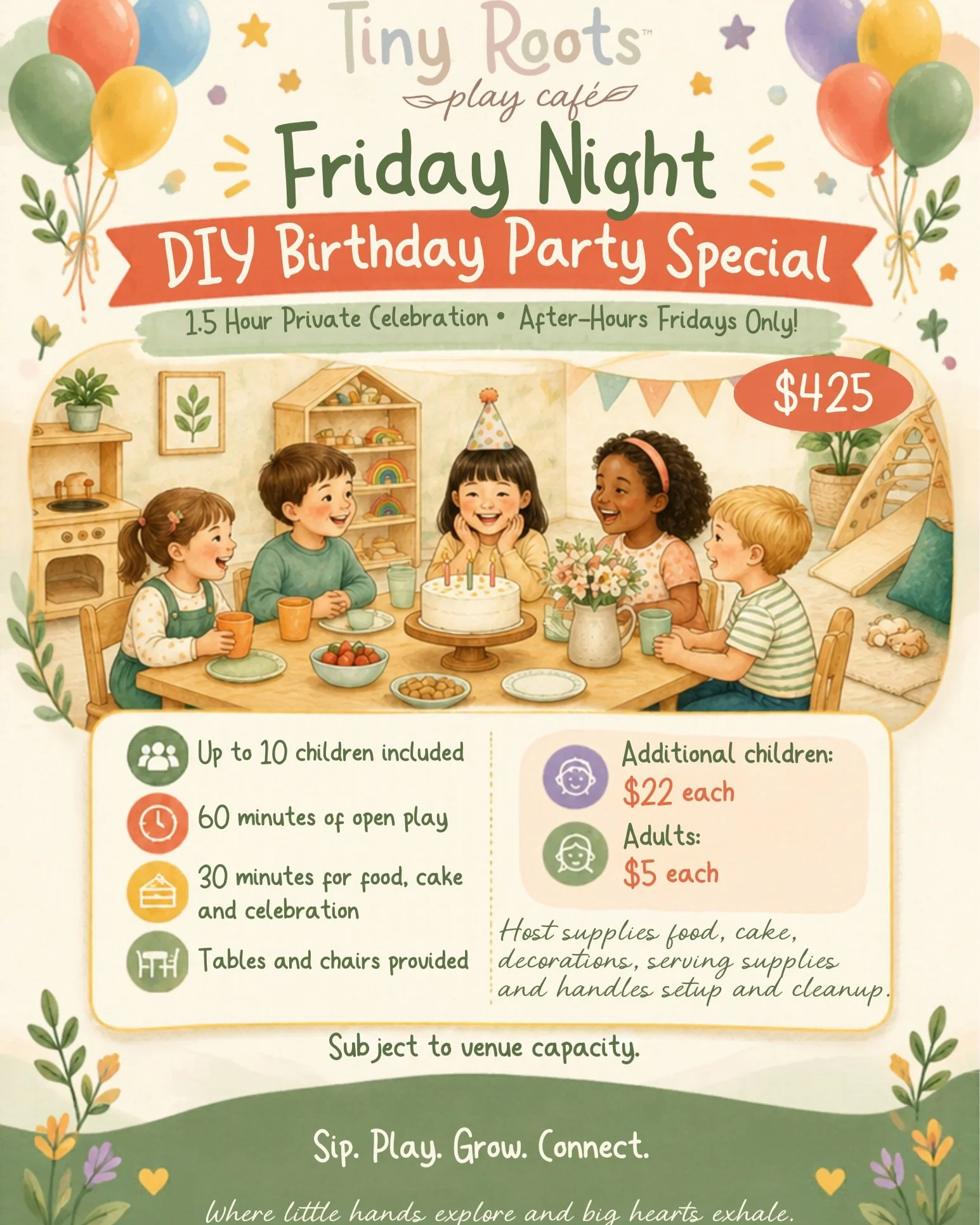 🎈 FRIDAY NIGHTS JUST GOT A WHOLE LOT SWEETER! 🎂✨

Introducing our NEW DIY Friday Night Birthday Party Special at Tiny Roots Play Caf&eacute;! 🌿🤍

Looking for a fun, intimate, and budget-friendly way to celebrate your little one's big day? We've g