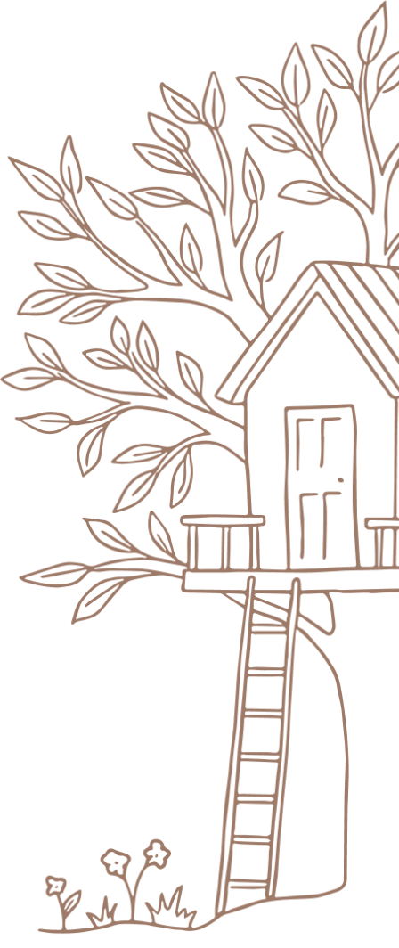 Outline drawing of a tree with a treehouse on a branch, ladder climbing down to small flowers and grass.