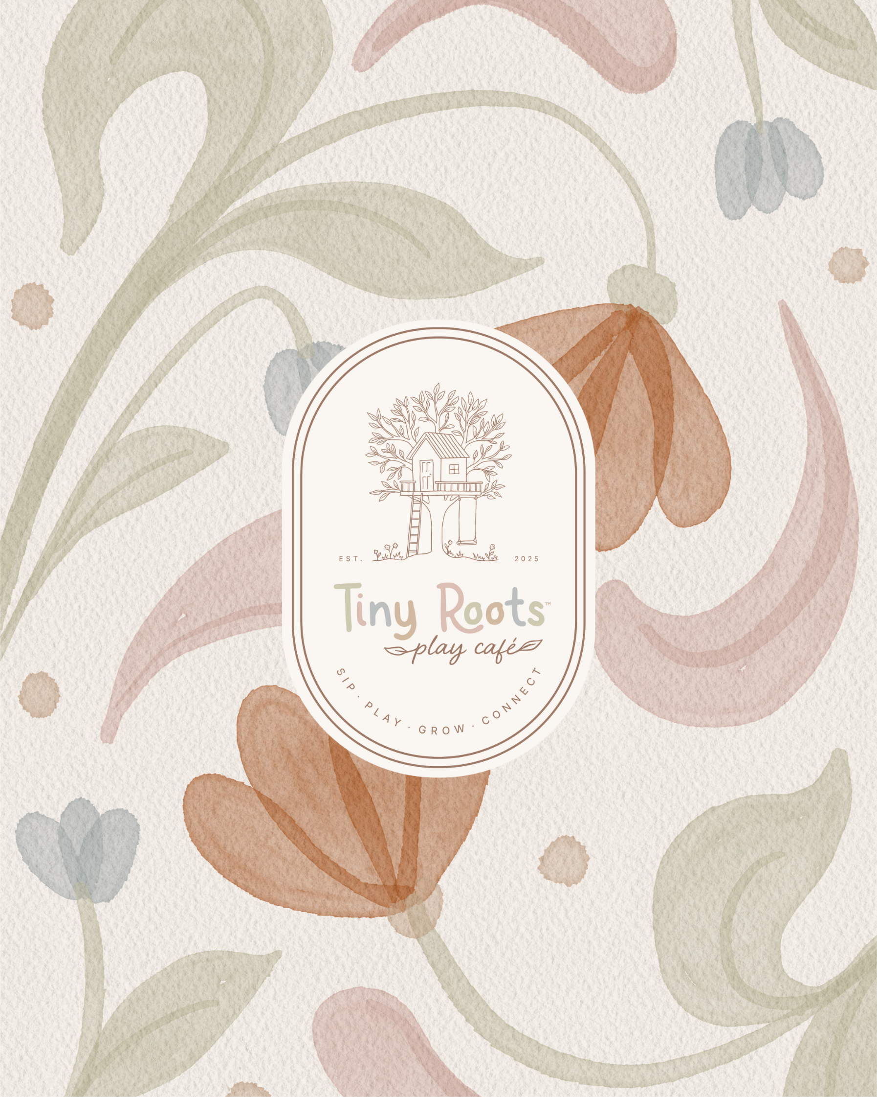 Packaging design for Tiny Roots play cafe with pastel-colored abstract floral background and a central logo of a treehouse with a ladder, the café's name, and the tagline 'sip, play, grow, connect'.