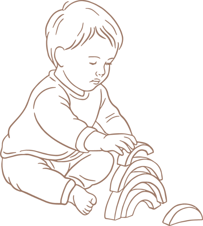 Line drawing of a young child sitting on the floor, playing with a toy truck.