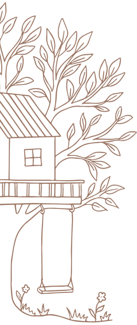 Line drawing of a treehouse with a railing, a swing hanging from the tree, and a large leafy tree in the background.