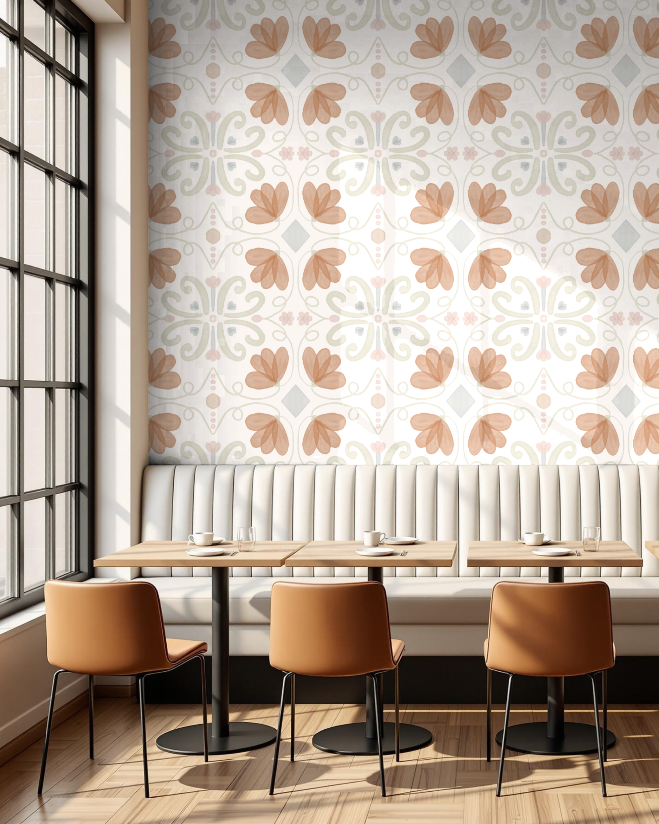 Interior of a restaurant with a large window on the left, a white upholstered bench against a wall with floral wallpaper, and three tan chairs around a light wood table set with cups, plates, and glasses.