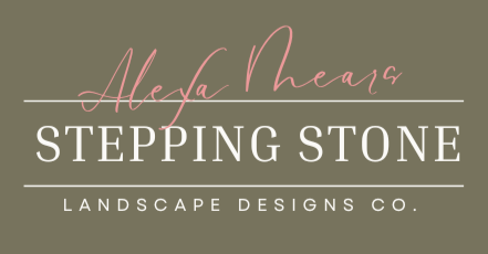 Logo for Stepping Stone Landscape Designs Co. with pink script and white text on a green background