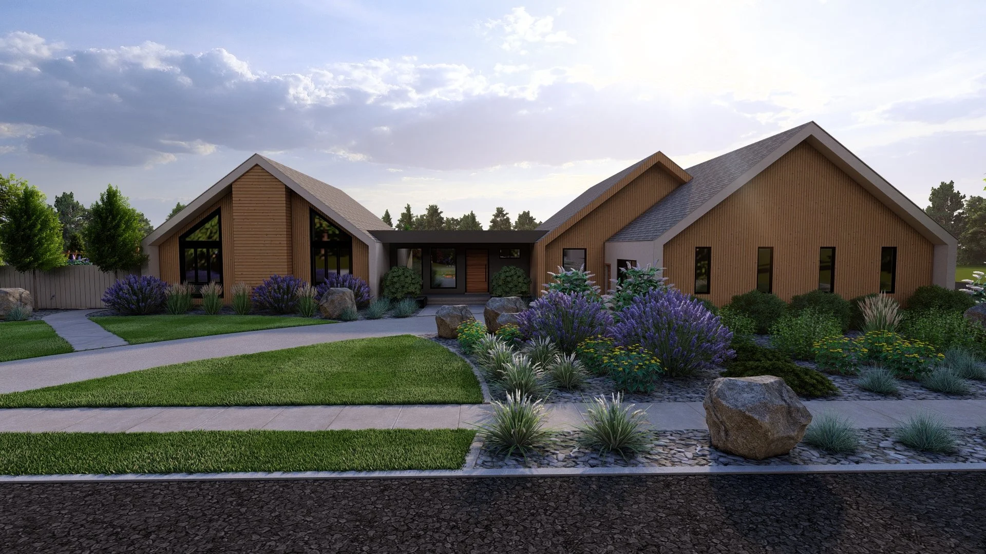 A modern house with wooden siding, large windows, and a landscaped front yard with green grass, purple flowering bushes, and rocks, under a partly cloudy sky.
