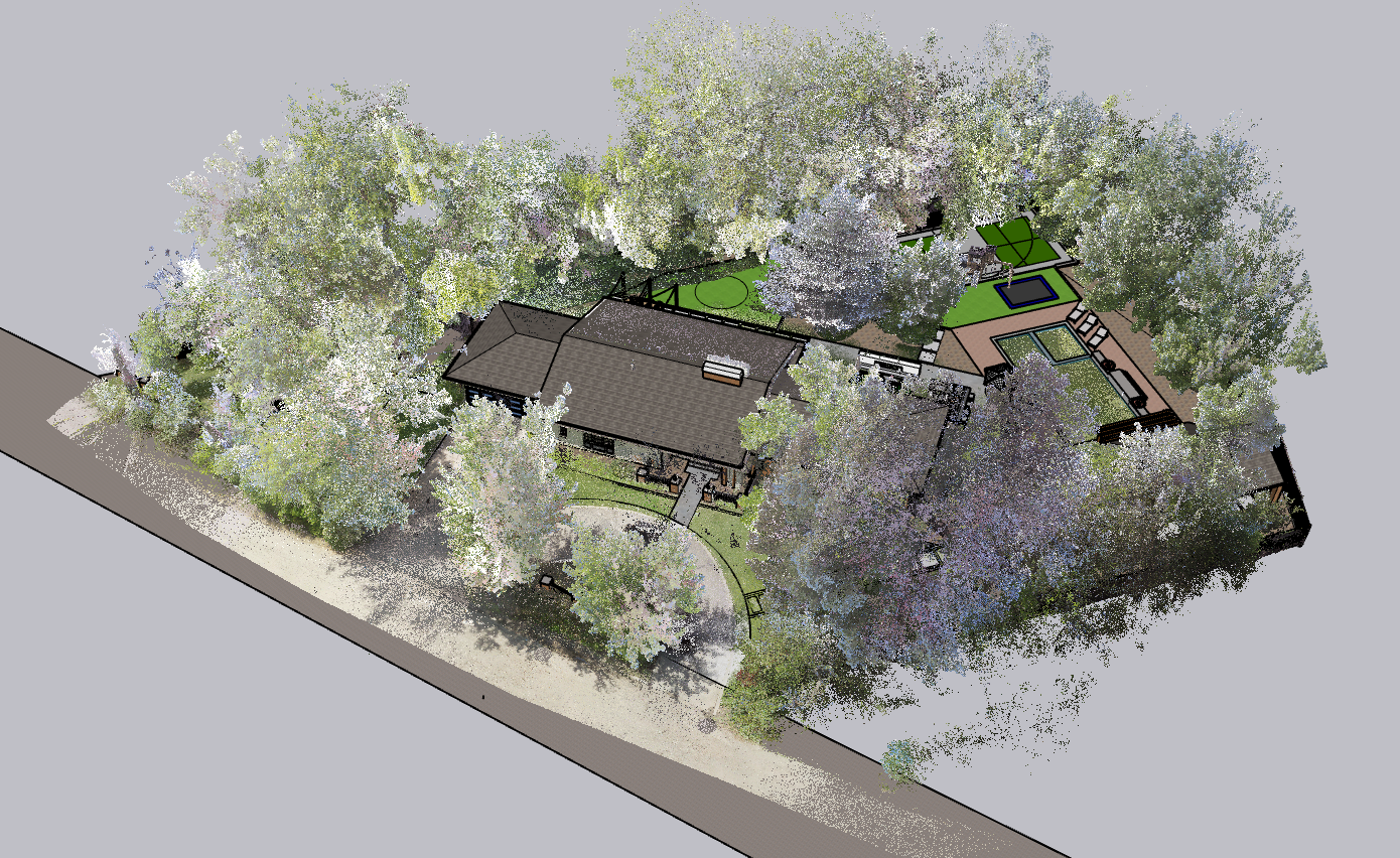 A 3D drone-generated scan of a house surrounded by trees with a backyard featuring a pool, patio, and garden areas.