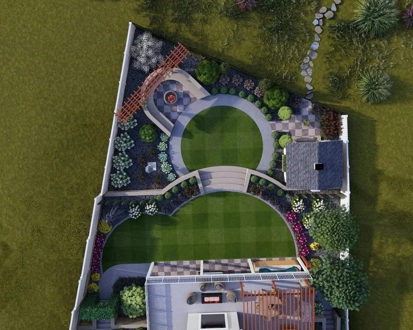Aerial view of a landscaped backyard with circular grassy areas, paved pathways, a small structure, garden beds, and various plants and trees.
