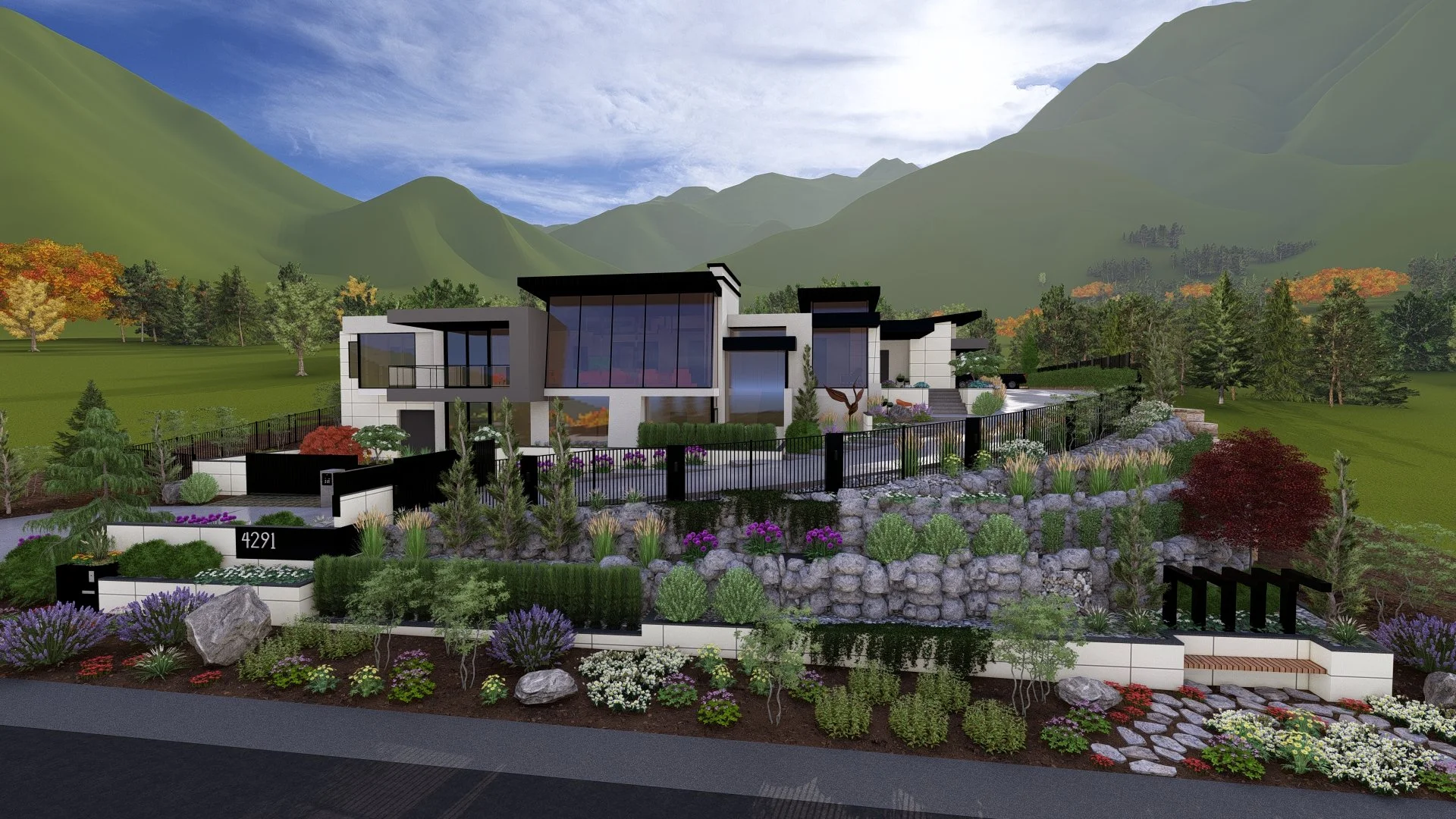 Modern multi-story house on a landscaped hillside with glass windows, surrounded by rocks, plants, and trees, with mountains and sky in the background.