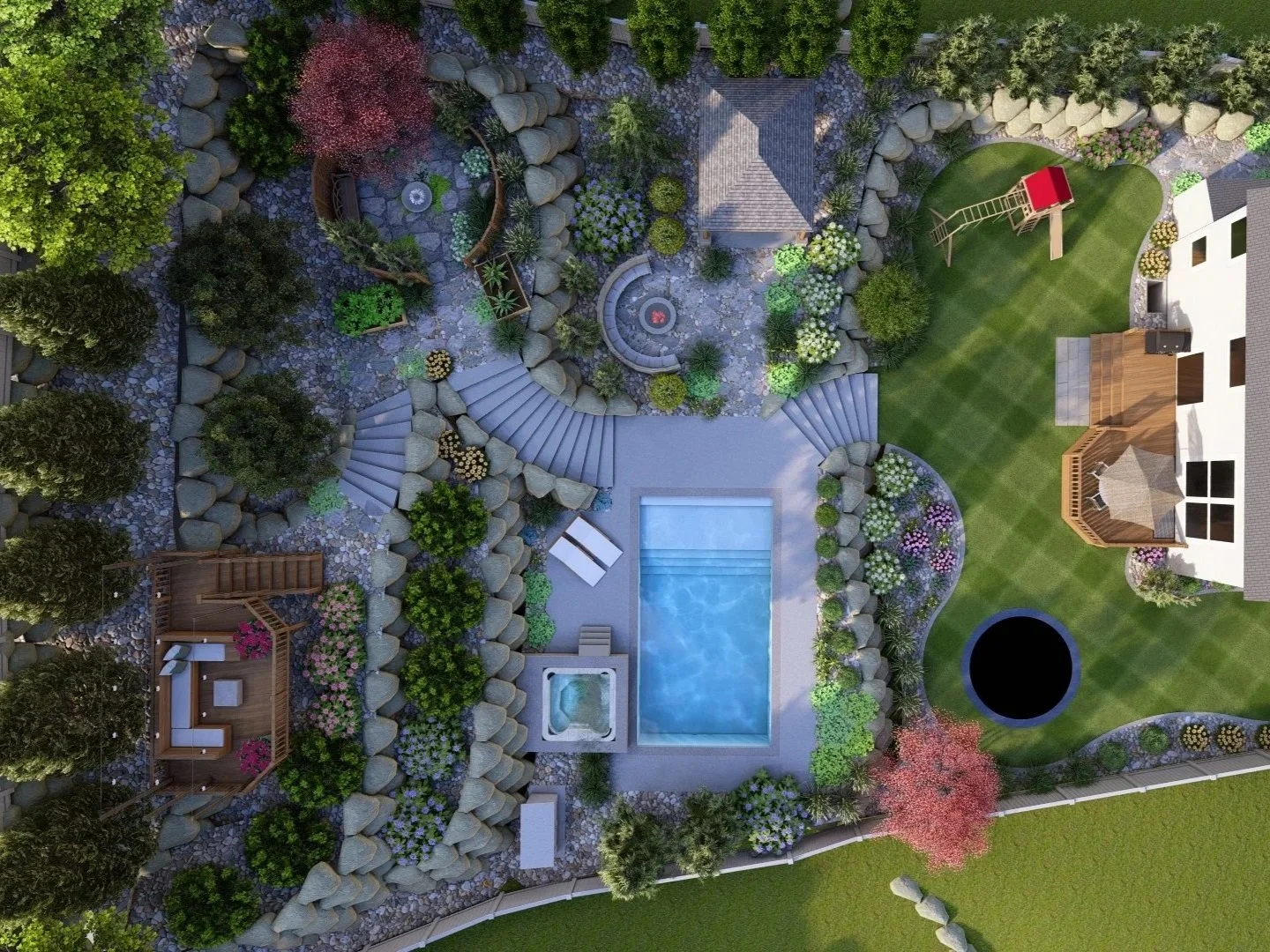 Aerial view of a sloped landscaped backyard with a swimming pool, hot tub, green lawn, a water feature, garden beds, trees, a trampoline, and deck on the hillside.