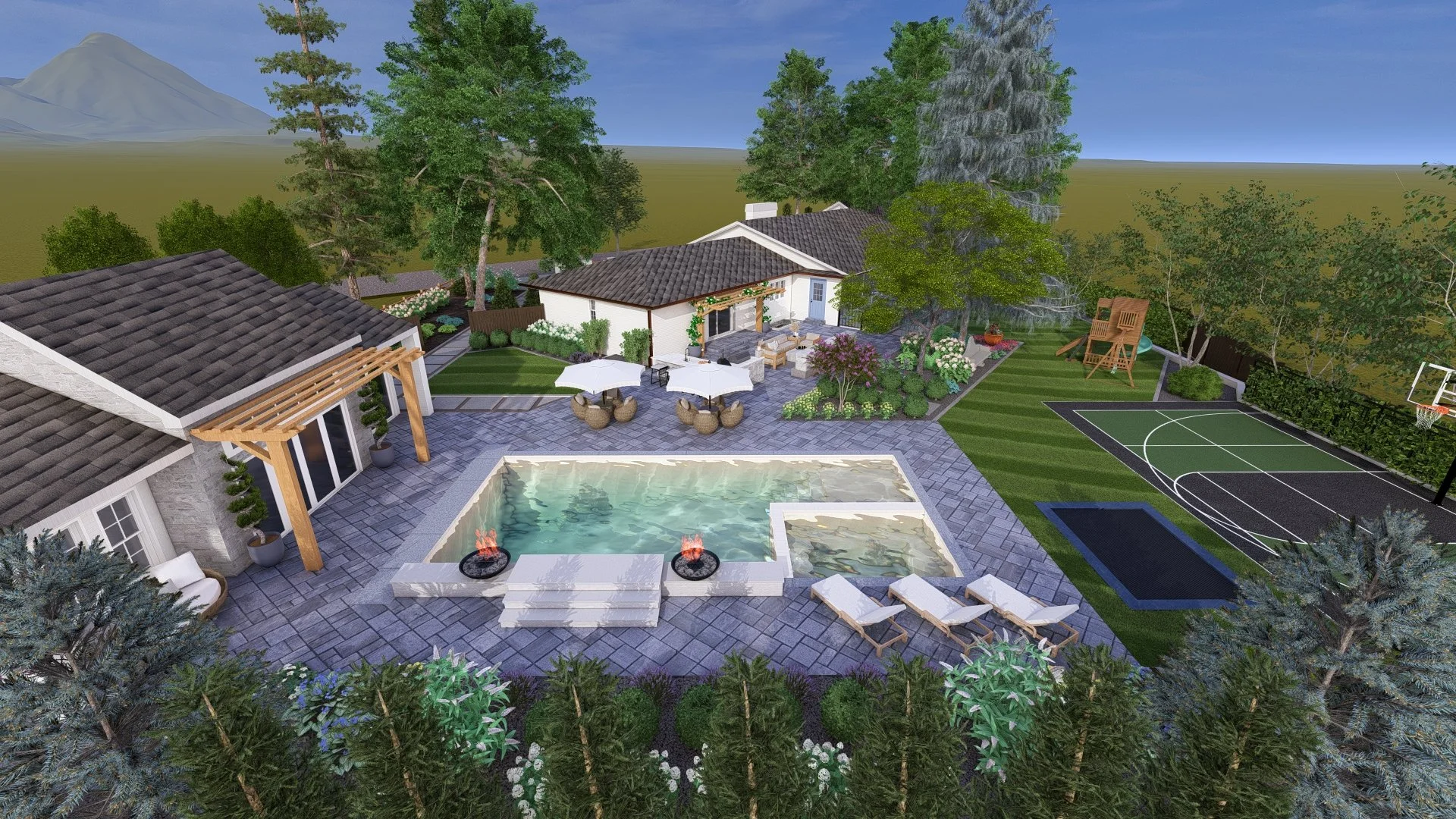 A backyard with a swimming pool, hot tub, and lounge chairs, surrounded by trees and greenery. There is a house with an outdoor patio, and a basketball court nearby.