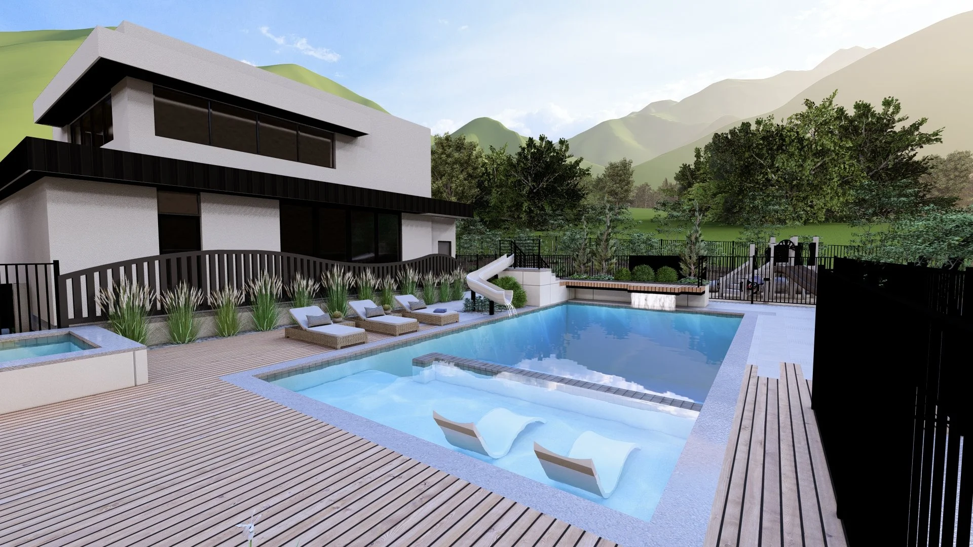 Modern backyard with a swimming pool, lounge chairs, a water slide, and surrounded by trees and mountains in the background.