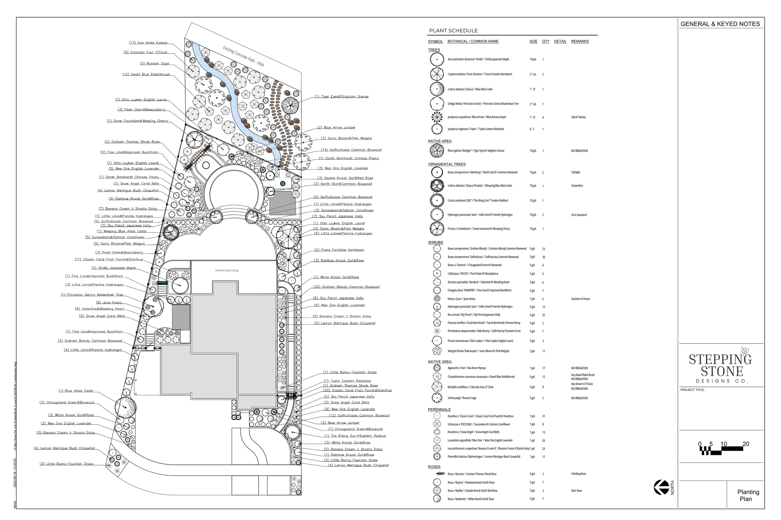 Landscape planting plan with various tree, shrub, perennial, and rose species labeled, and a winding pathway through a landscaped garden area.