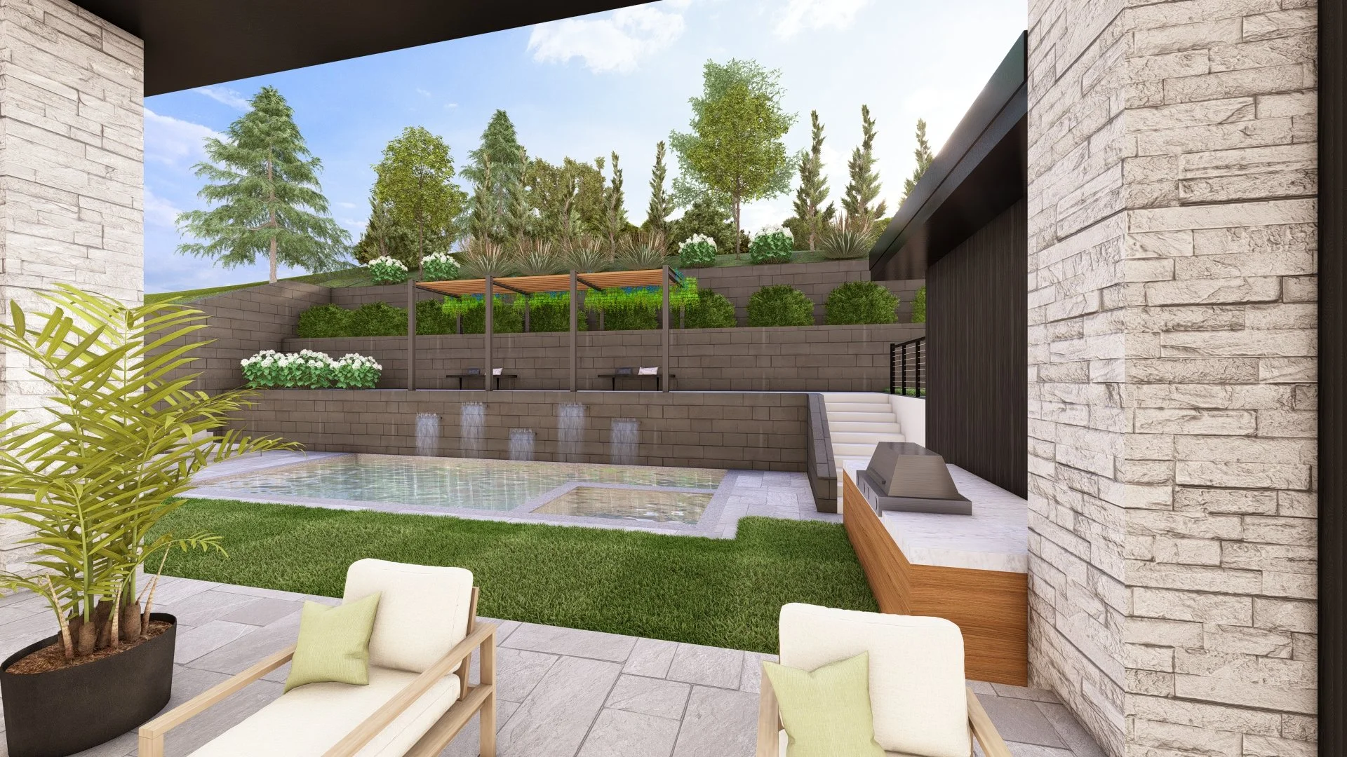 View of a modern backyard with a small pool, water features, tiered landscaping with trees and shrubs, outdoor seating area with chairs and cushions, and a wooden pergola.