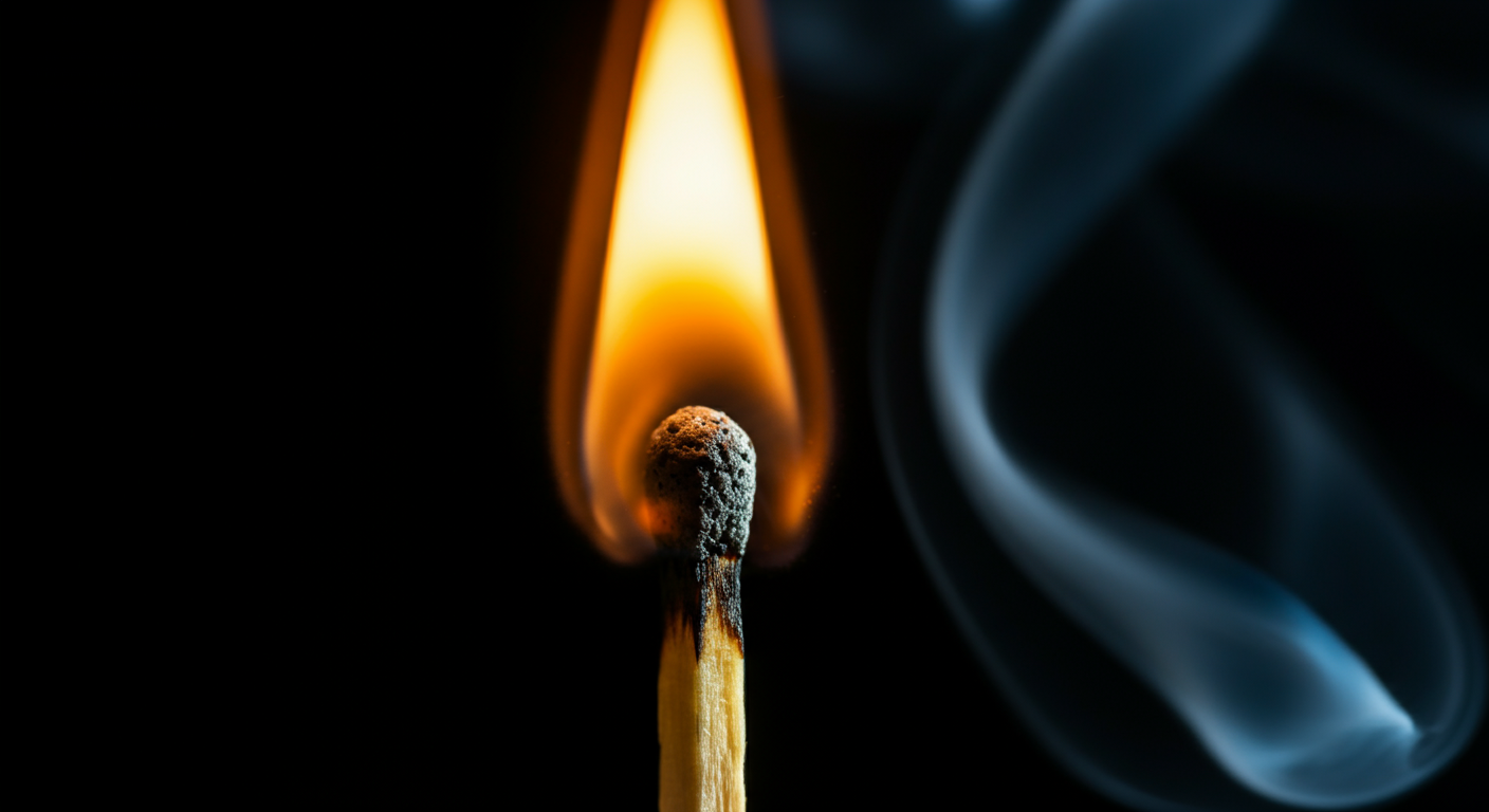 Close-up of a burning matchstick with orange flame and smoke curling to the right.