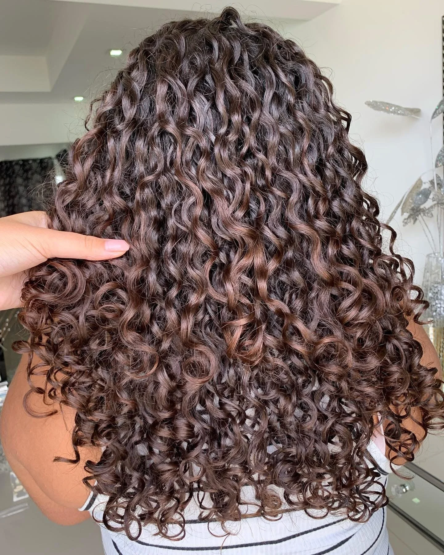 Back view of a woman with long, dark brown, tightly curled hair.