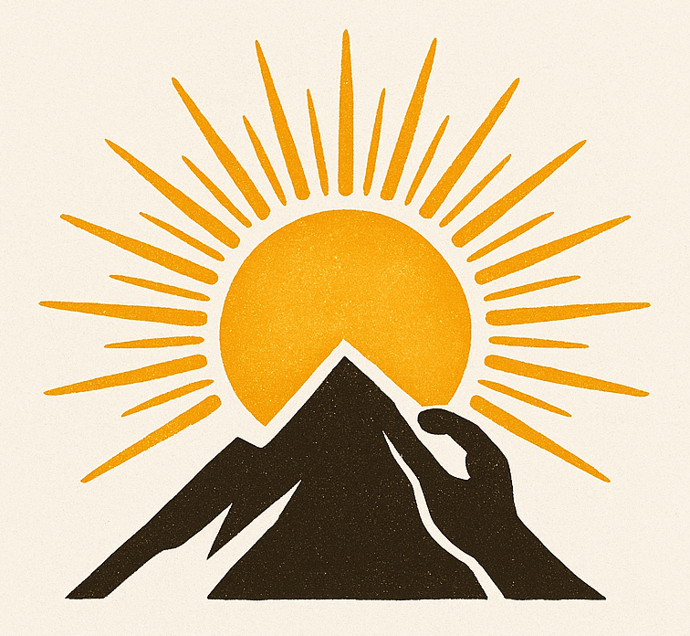 Harness Strategy logo. A stylized illustration of a mountain with a hand touching its peak, a large sun behind it with rays radiating outward.