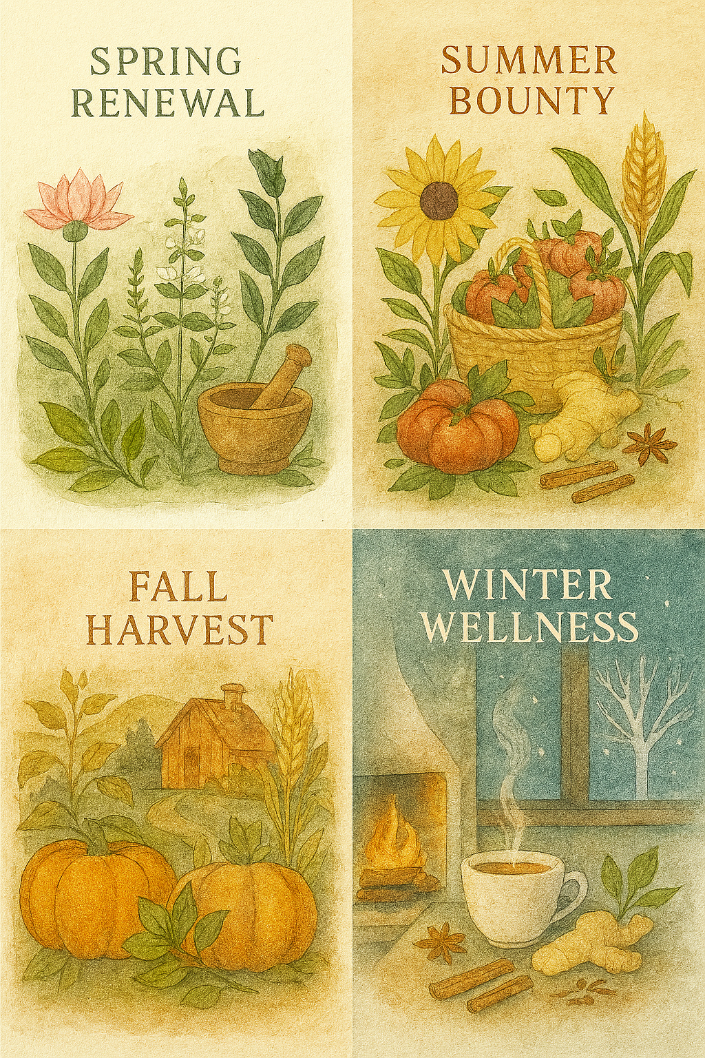 Living with the seasons:  Spring Renewal, Summer Bounty, Fall Harvest, and Winter Wellness, featuring seasonal plants, vegetables, pumpkins, and a cozy winter by a fireplace. Living a holistic lifestyle creates inner wellness.
