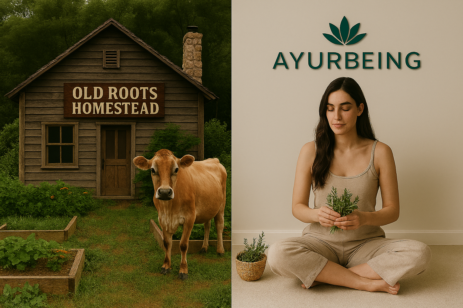 Split image with a rustic farmhouse and a cow on the left- old roots homestead. and a woman sitting cross-legged holding herbs on the right, with a sign that reads "AYURBEING". Together we can design a health care plan to improve your wellness.