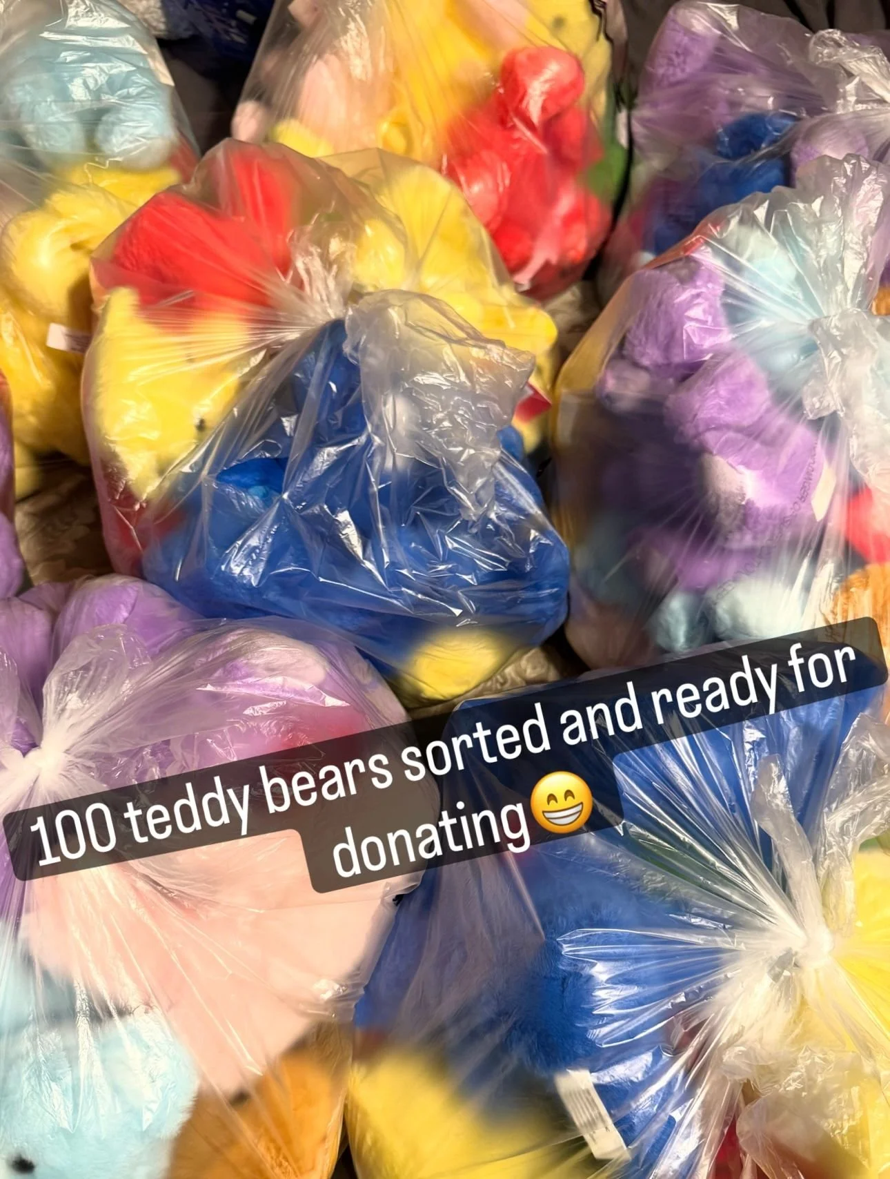 Multiple plastic bags filled with colorful teddy bear plush toys, sorted by color including yellow, purple, blue, red, pink, orange, and teal, ready for donation. Savvy's Stuffies.