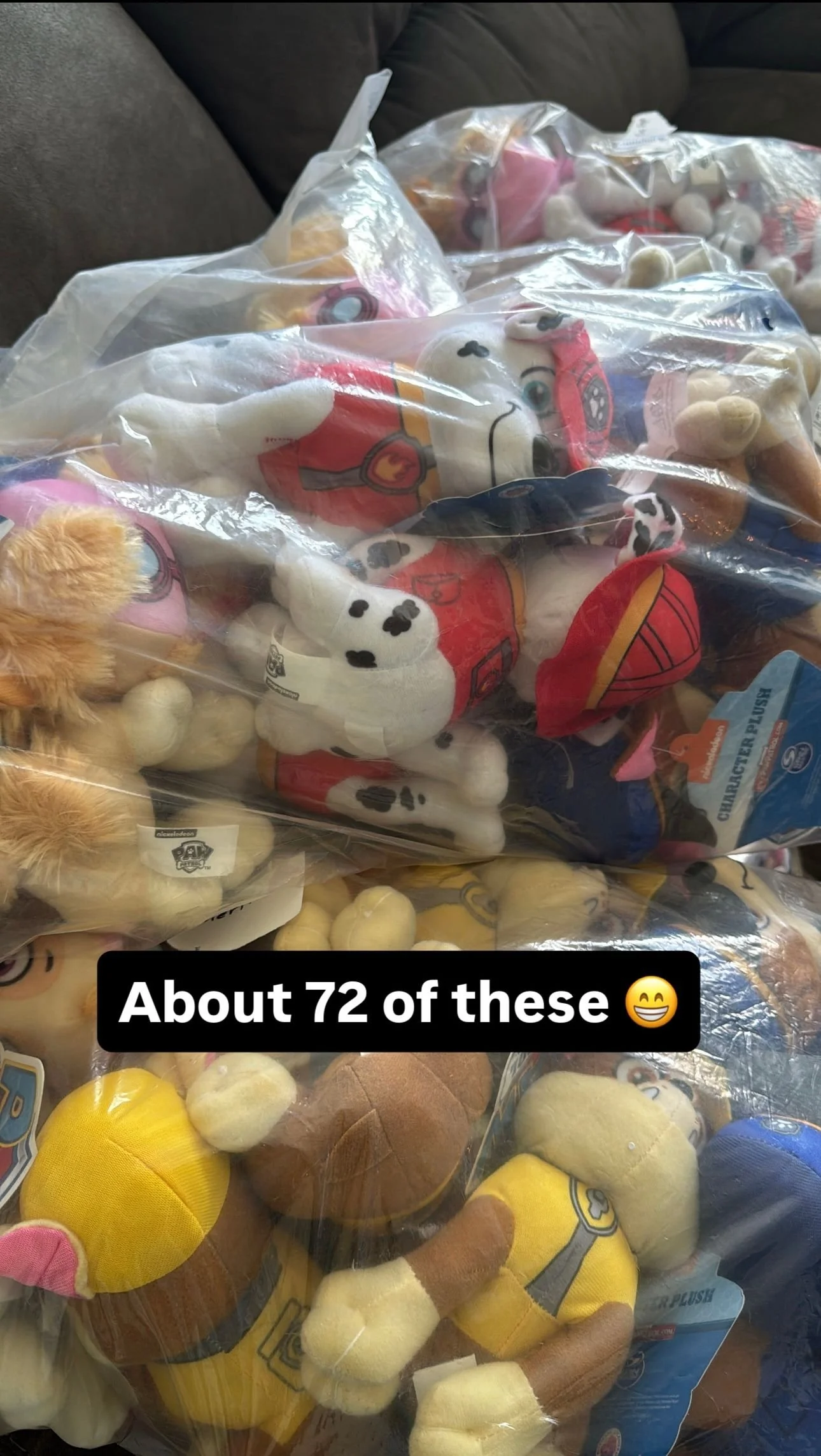 Bag filled with approximately 72 plush toys, including various characters such as Paw Patrol characters and other stuffed animals. Savvy's Stuffies.