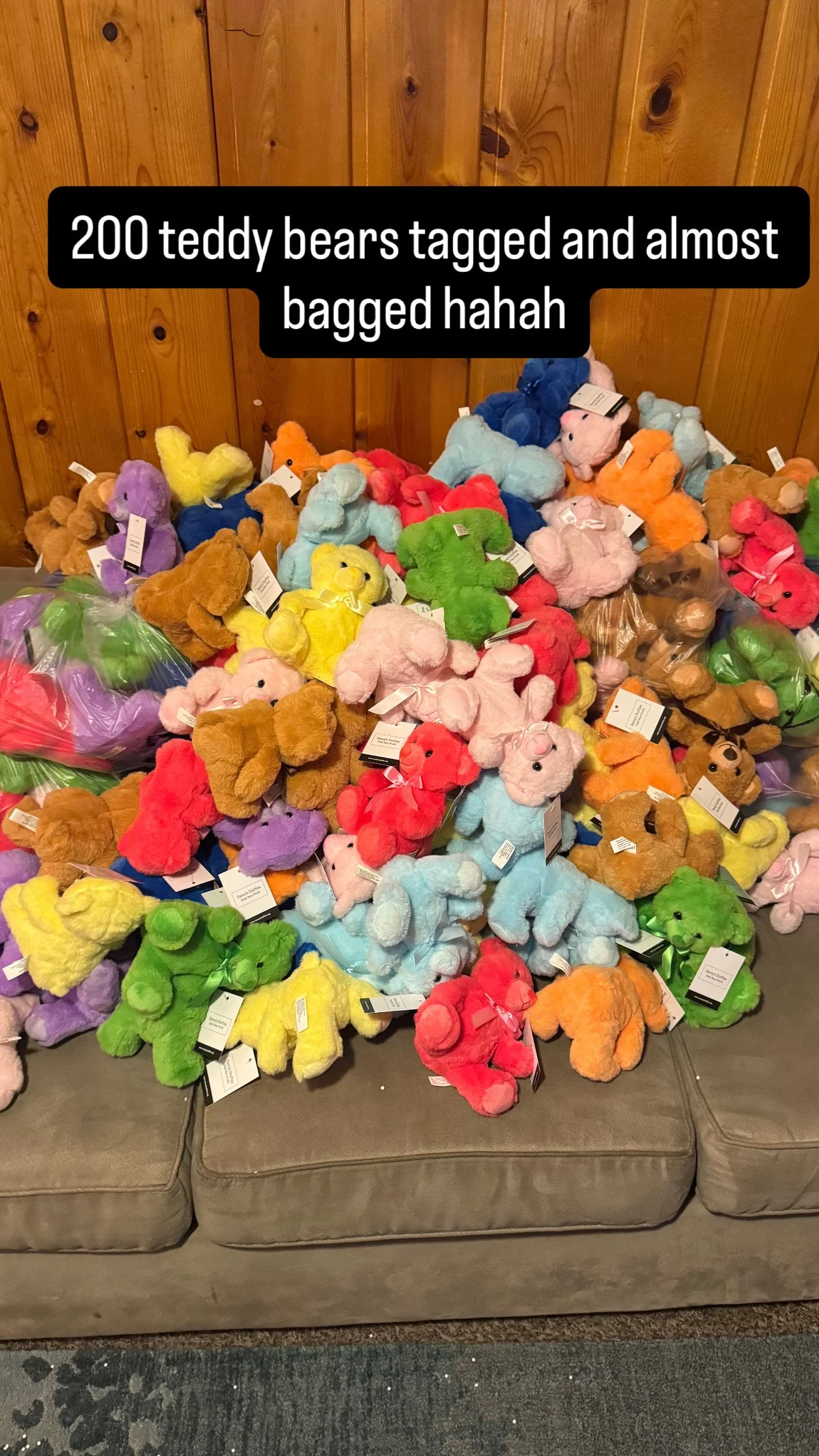 A large collection of colorful teddy bears piled on a couch, with a wooden wall in the background. Savvy's Stuffies.