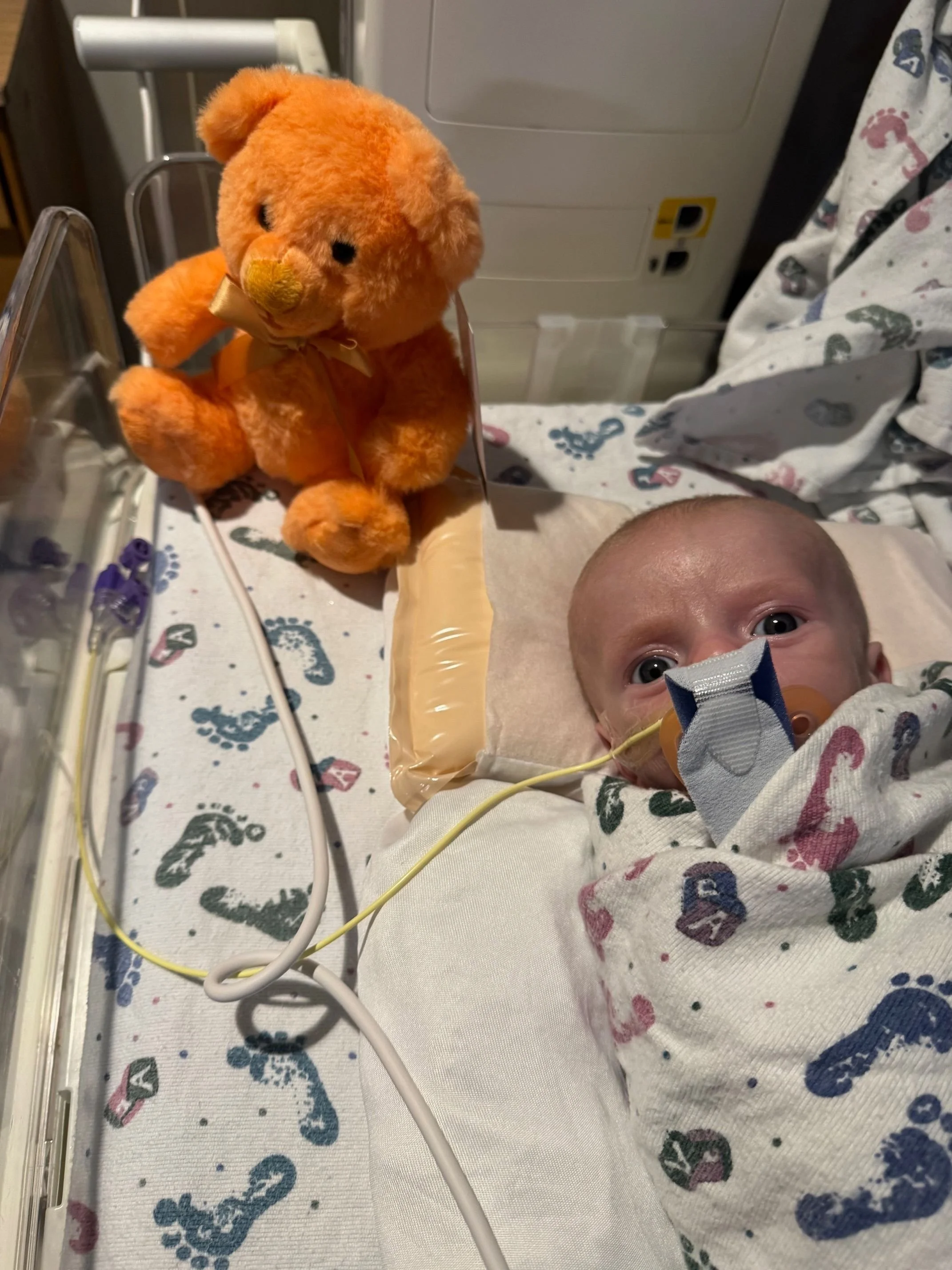 A baby in a hospital bed with a nasal cannula, wrapped in a colorful blanket, lying next to a soft orange teddy bear sitting on a medical tray.
