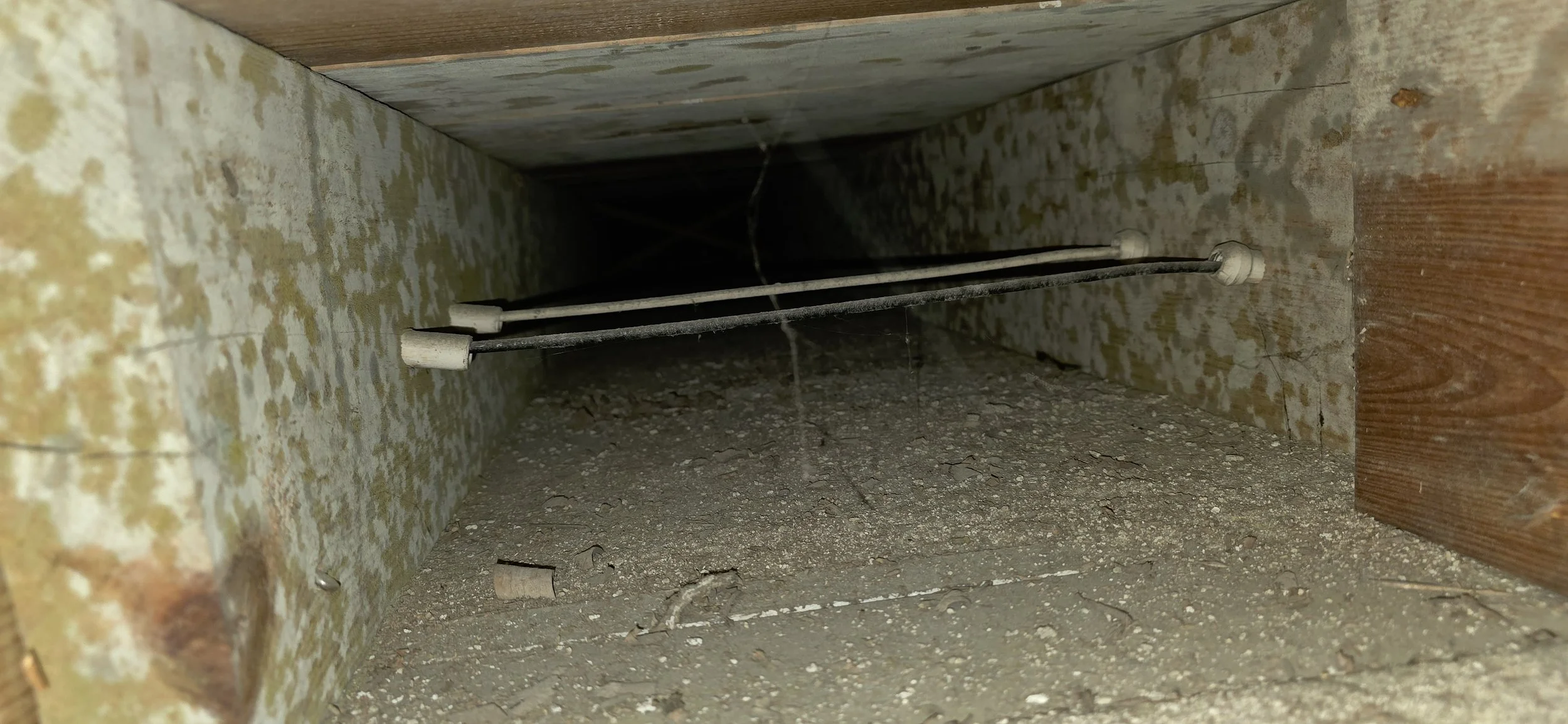 Mold growth due to an air leak under a floor and above ceiling.
