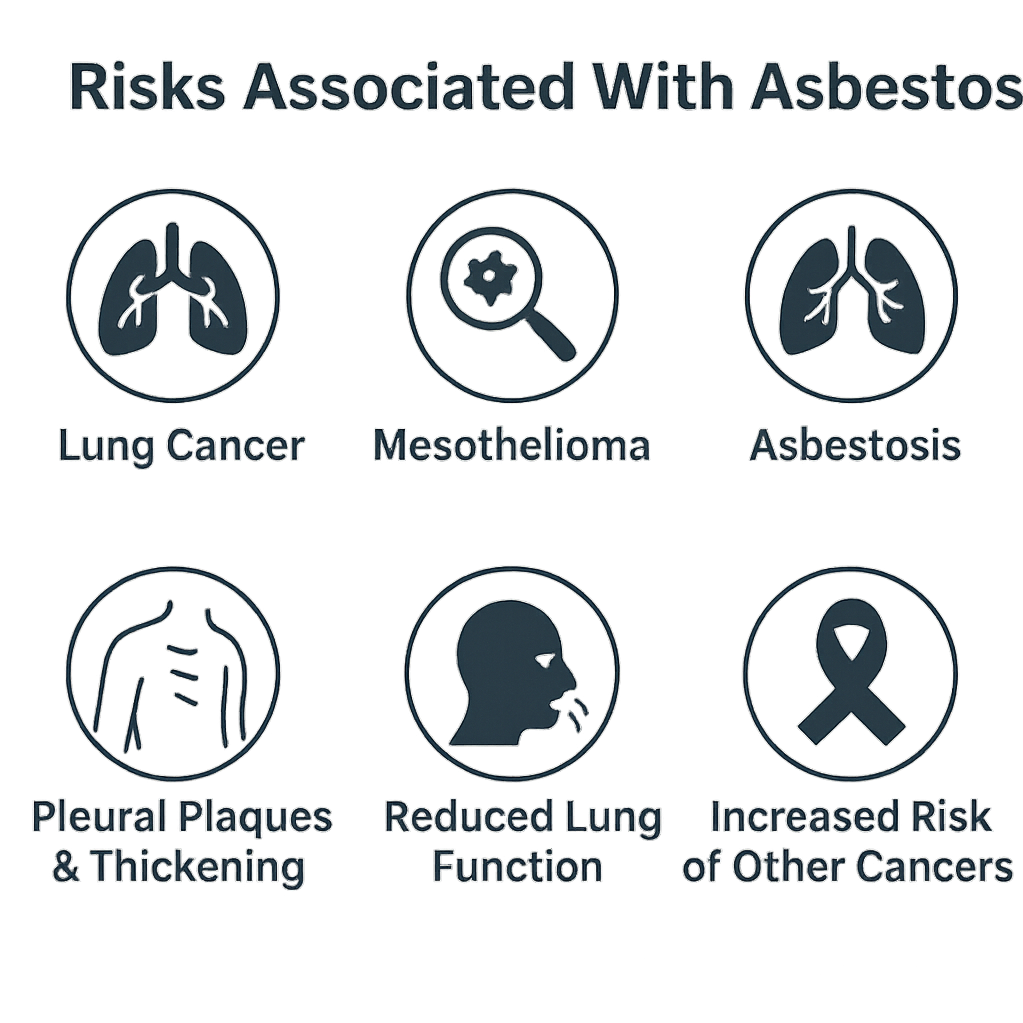 Infographic showing risks associated with asbestos, including lung cancer, mesothelioma, asbestosis, pleural plaques and thickening, reduced lung function, and increased risk of other cancers.