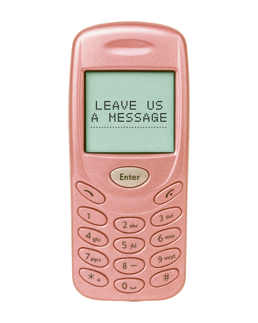 Pink mobile phone with a screen displaying the message