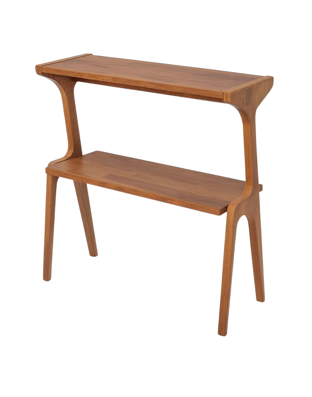A wooden two-tier side table with curved legs and edges.