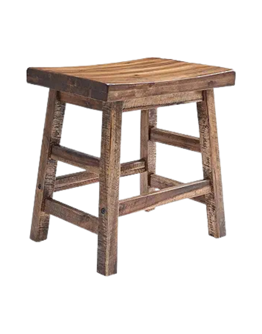 A rustic wooden stool with four legs, a simple square top, and open side panels made of horizontal slats.