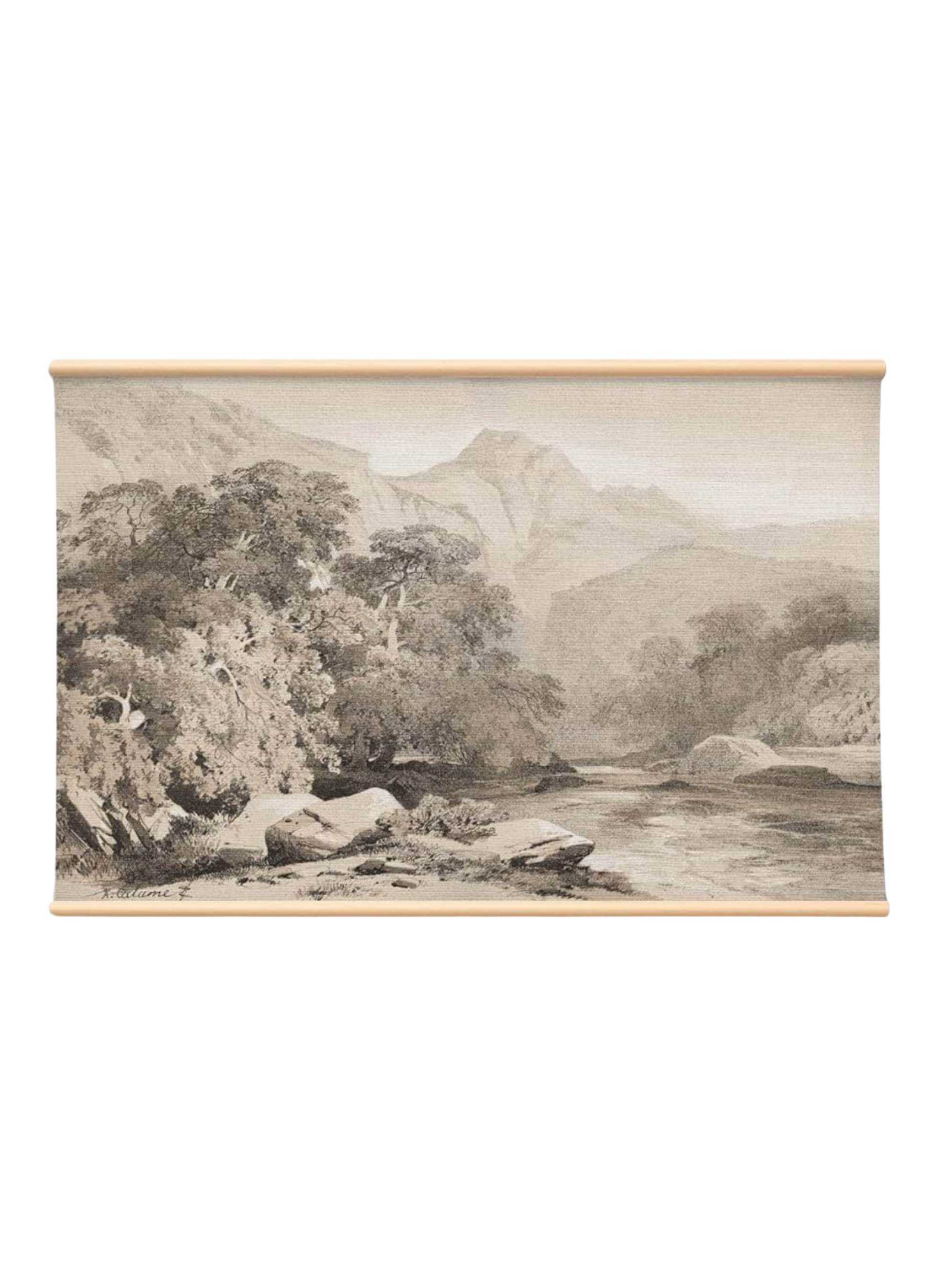 Large vintage landscape tapestry depicting a pastoral countryside scene with trees, hills, and a distant horizon