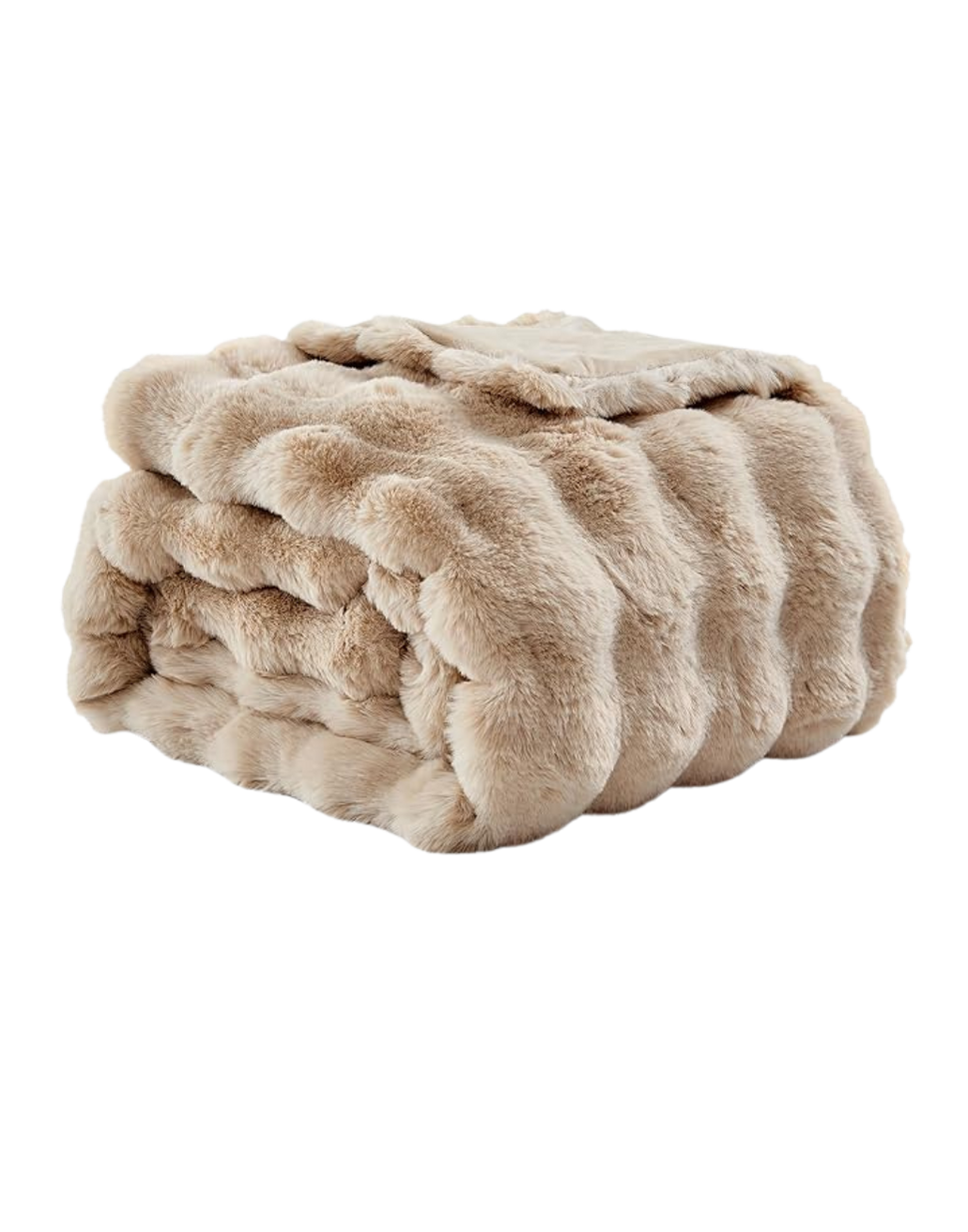 A folded beige faux fur blanket.