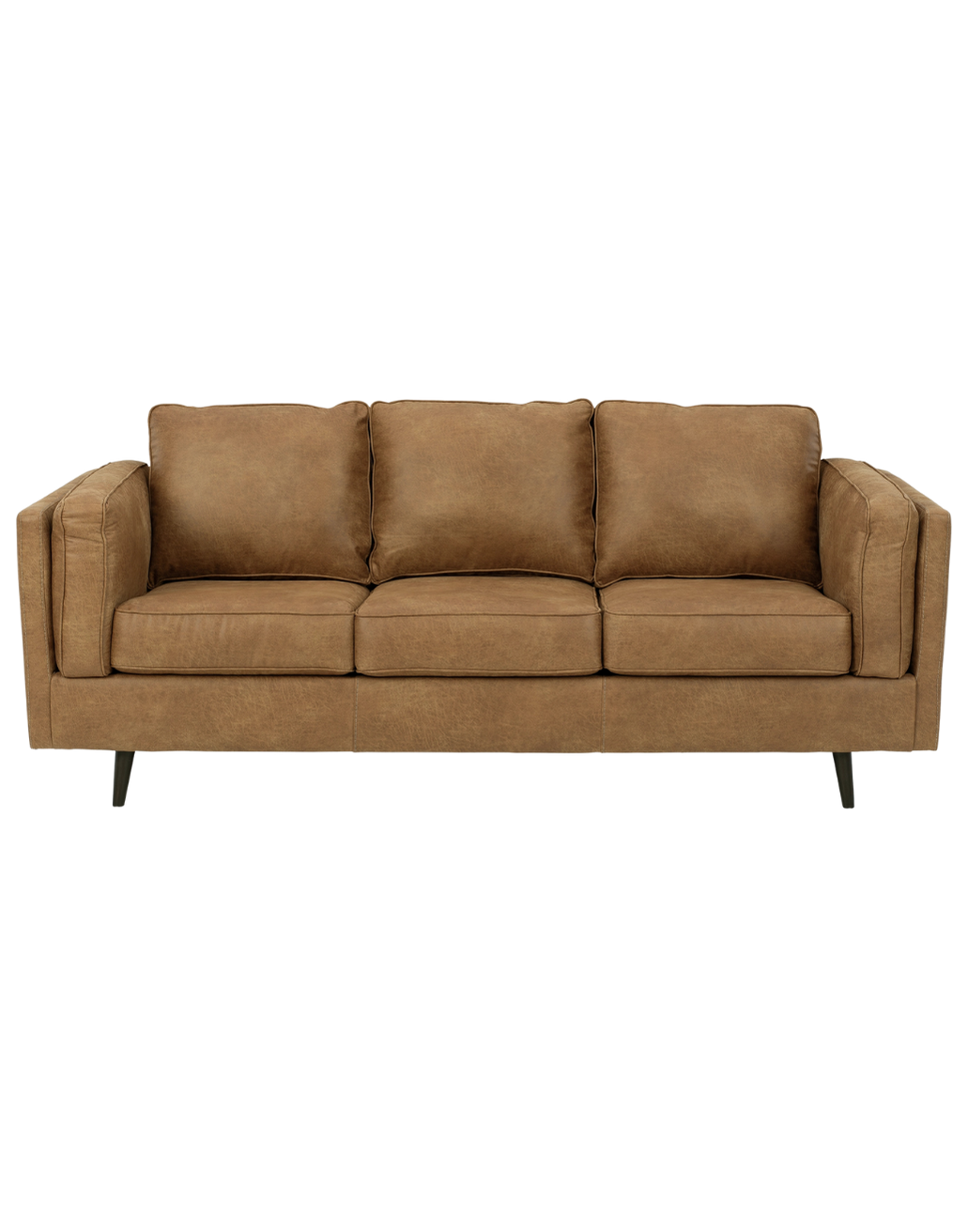 A brown sofa with three seat cushions, three back cushions, and armrests on either side.