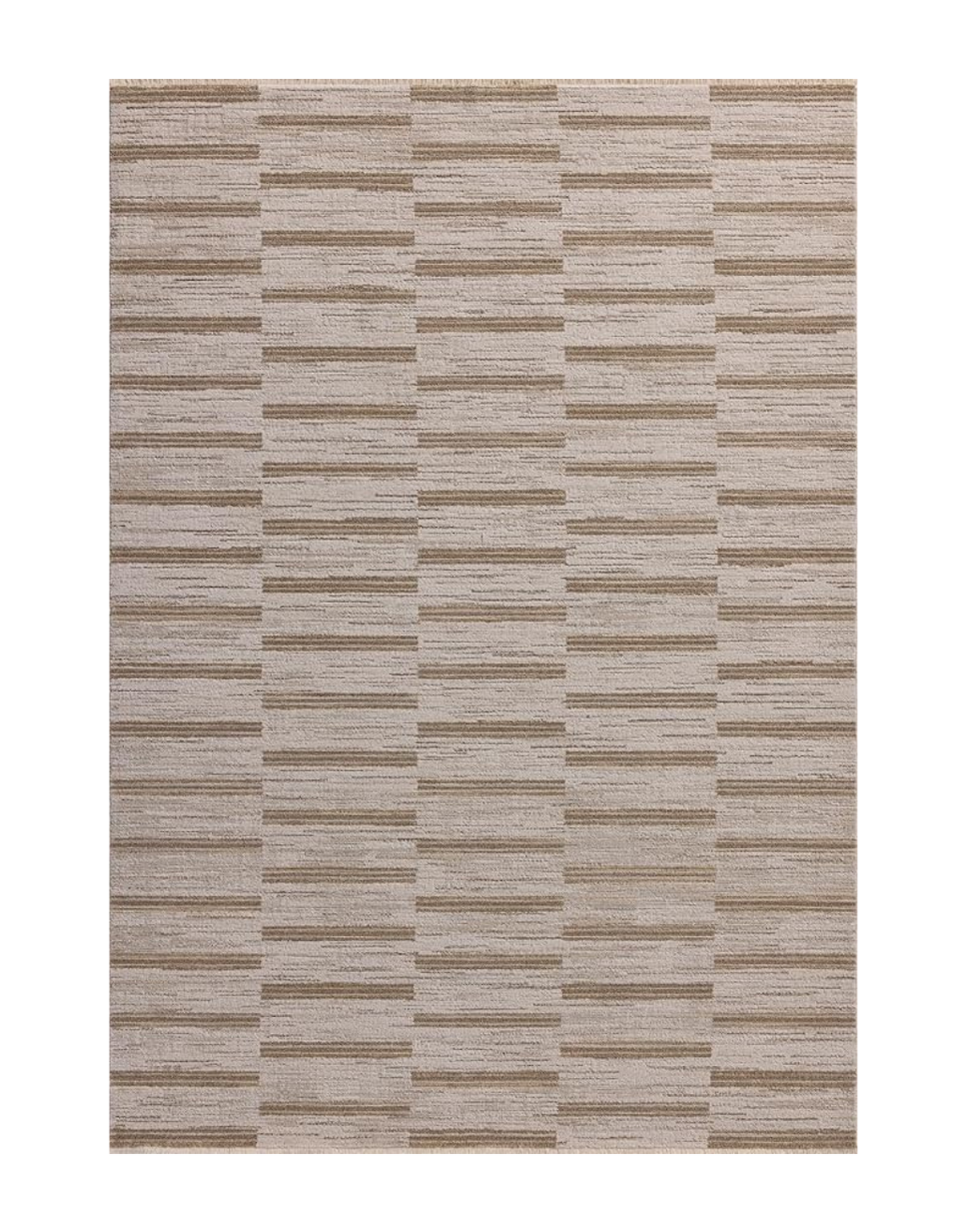 A beige and light brown patterned carpet with horizontal and vertical striped rectangular shapes.