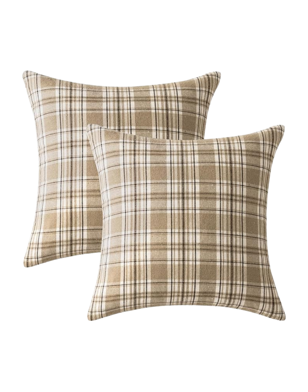 Two beige plaid patterned pillows stacked, with the larger behind the smaller.