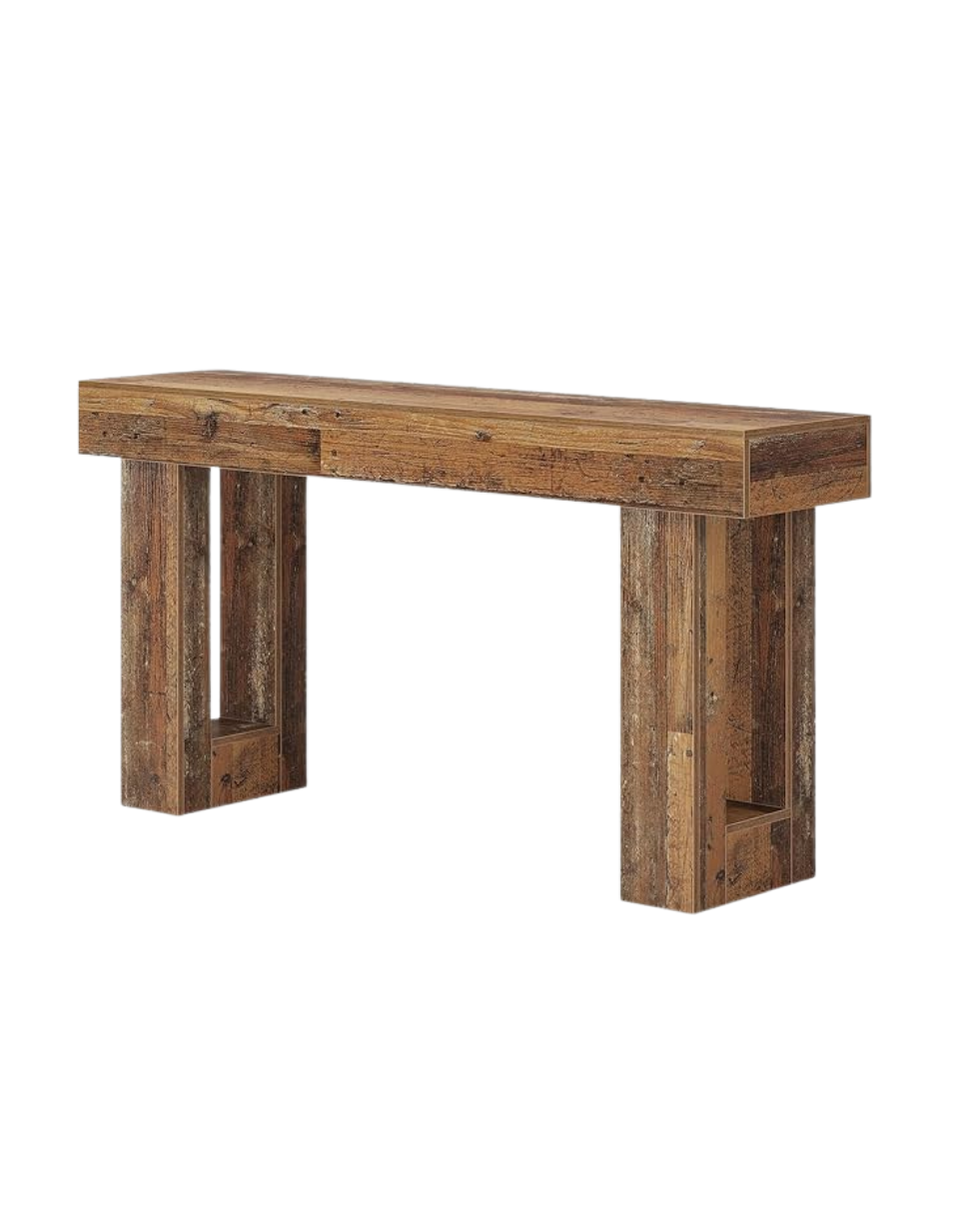 Rustic wooden fireplace mantel with open shelves on each side.