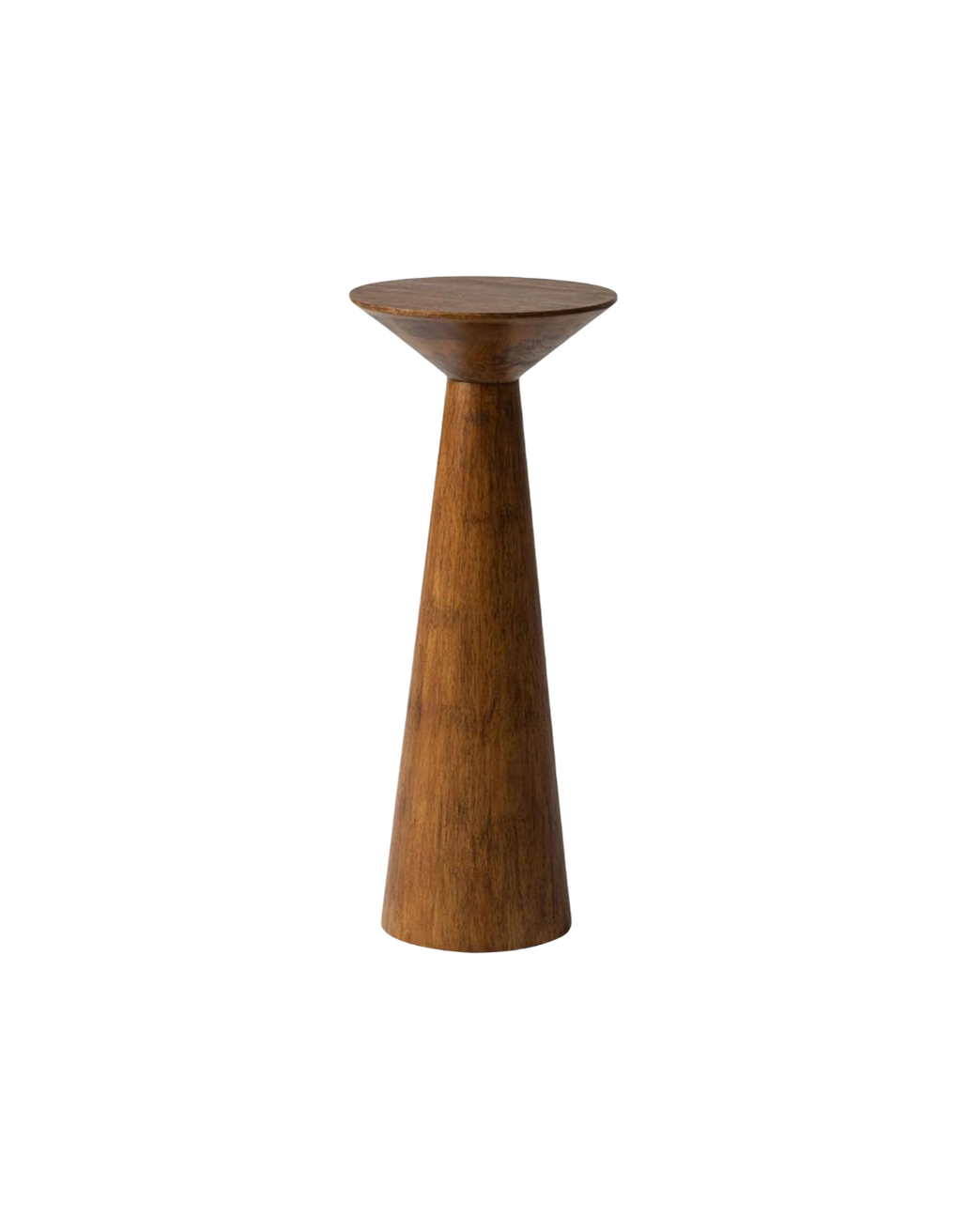 A wooden coffee table with a round top and tapered cylindrical base.