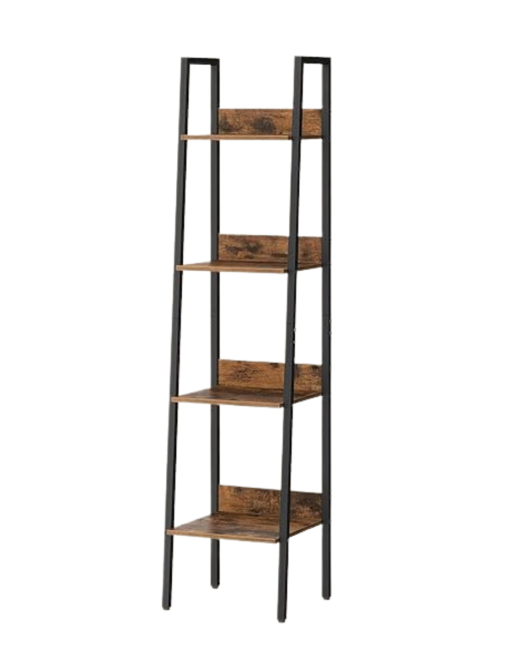 A tall, narrow shelving unit with four wooden shelves supported by a black metal frame.