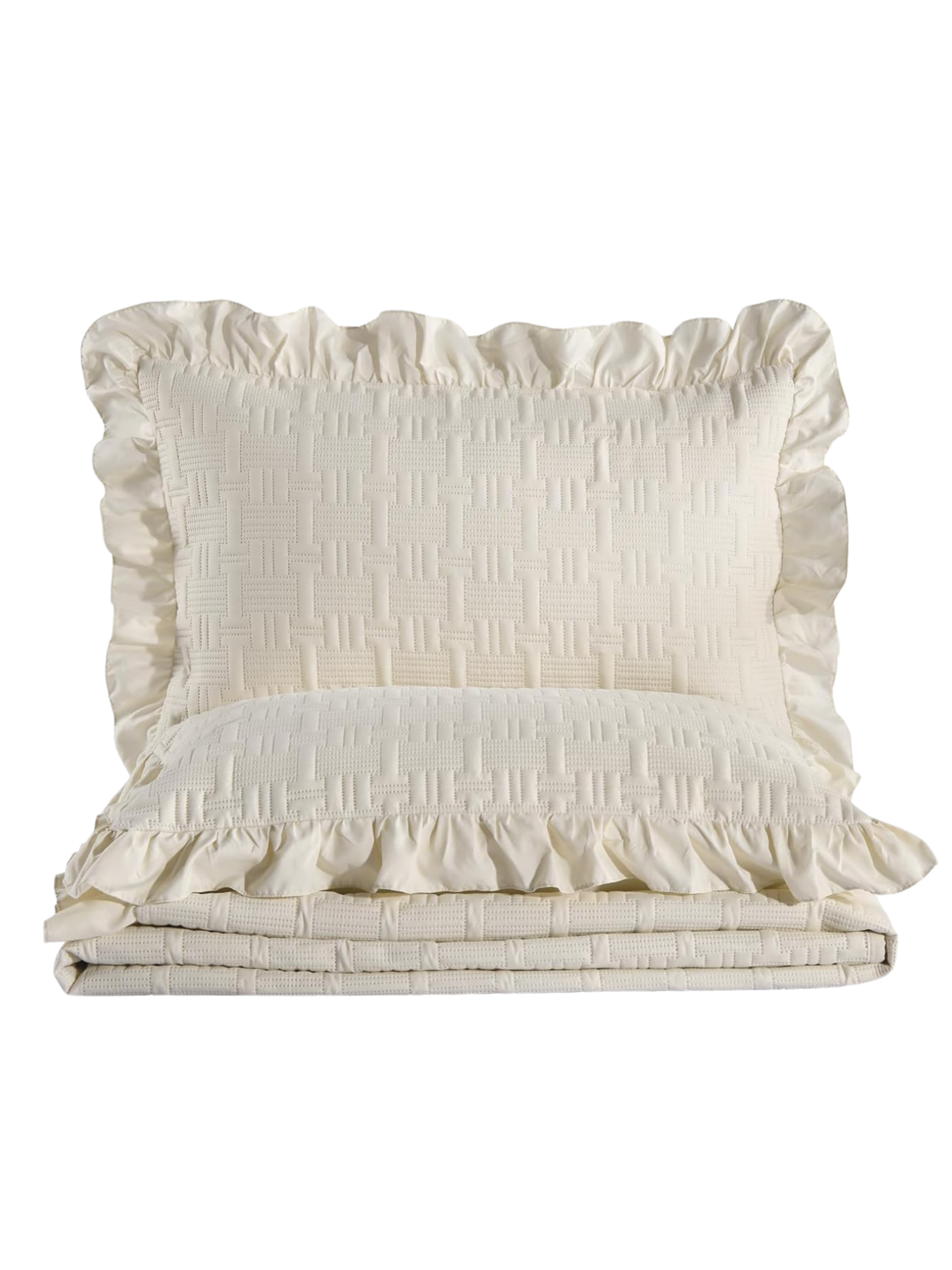 Neutral-toned ruffle bedding featuring layered details for a cozy, affordable look