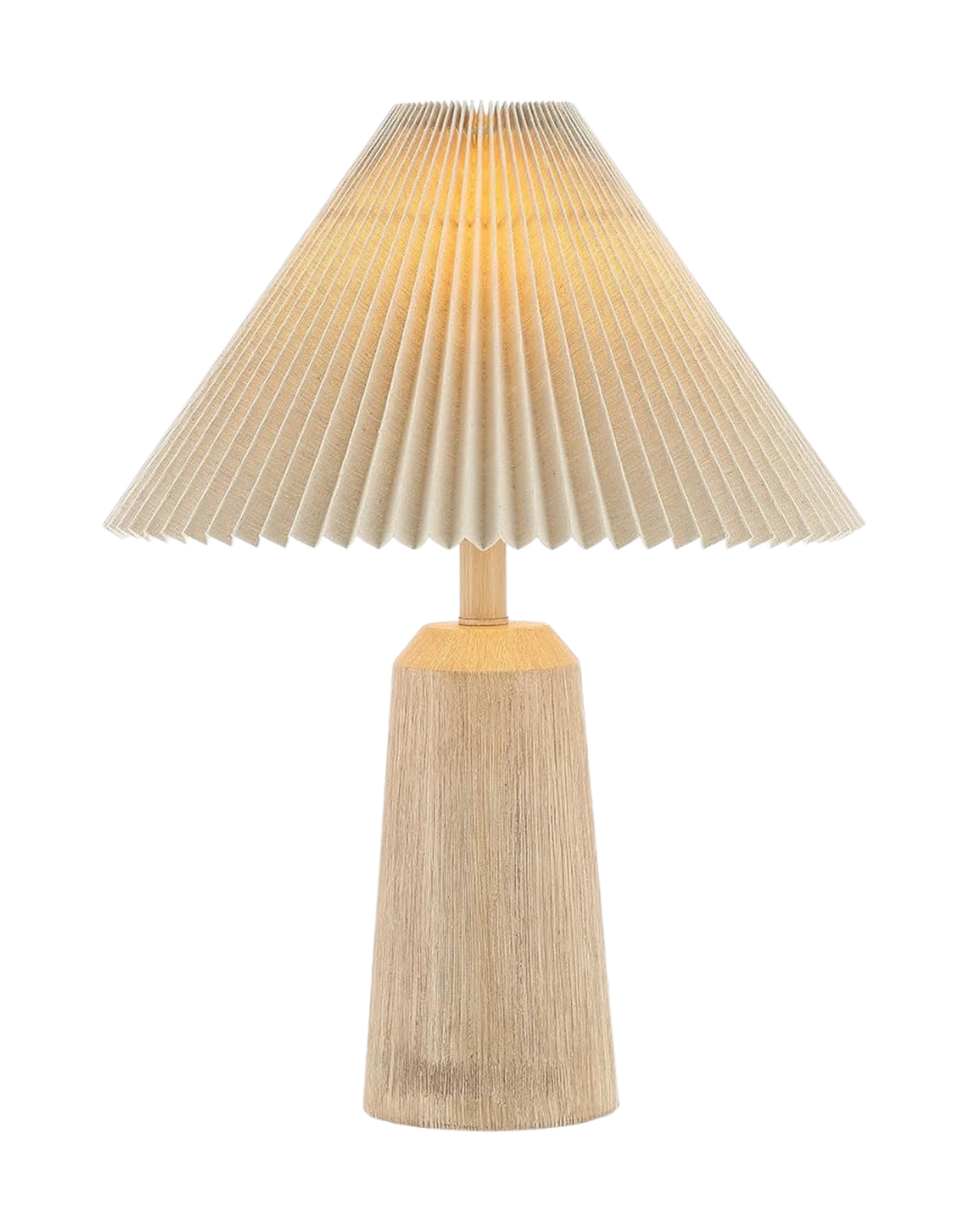 A table lamp with a beige pleated fabric shade and a wooden base.