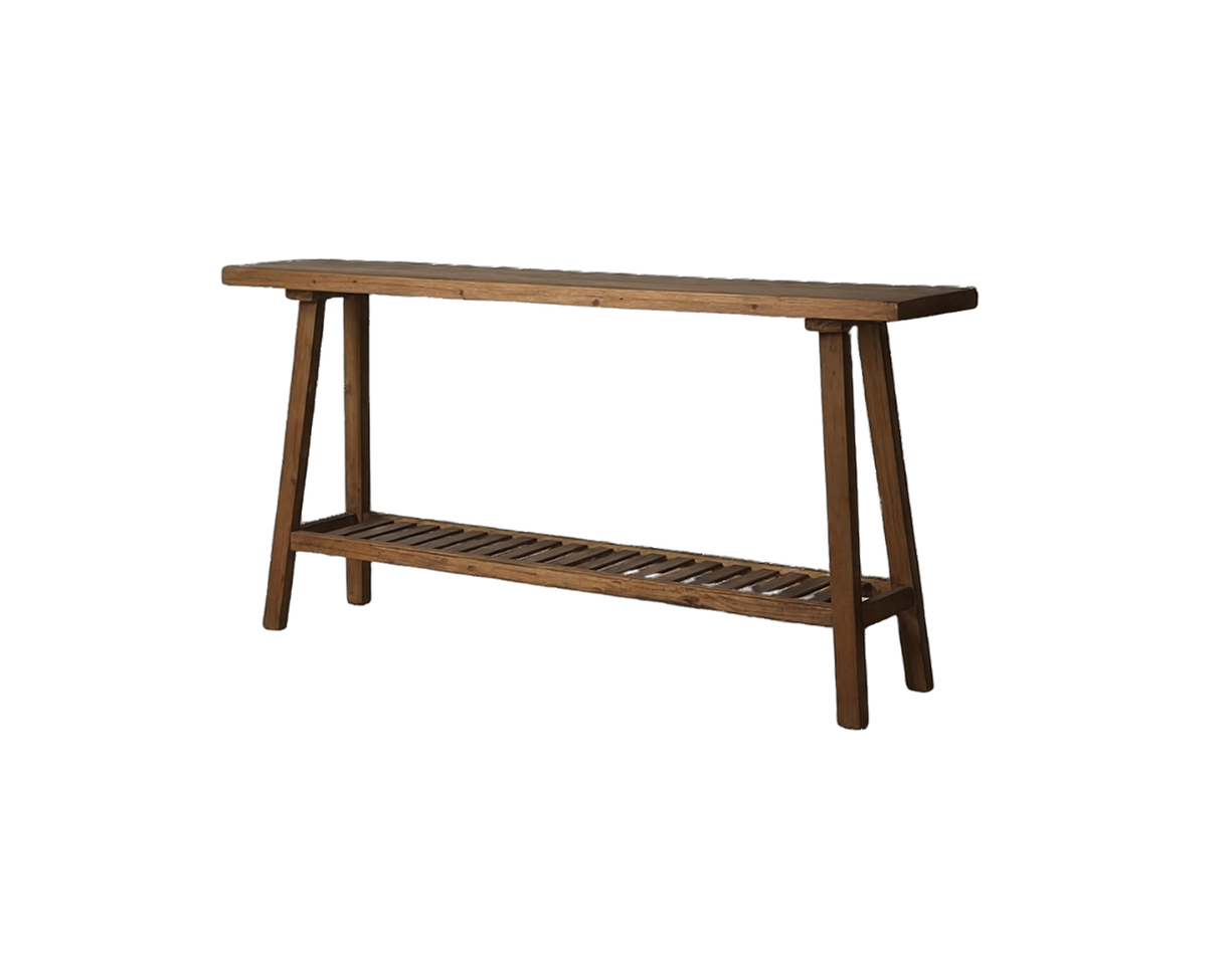 Wooden console table with a slatted lower shelf, four angled legs, and a flat top.