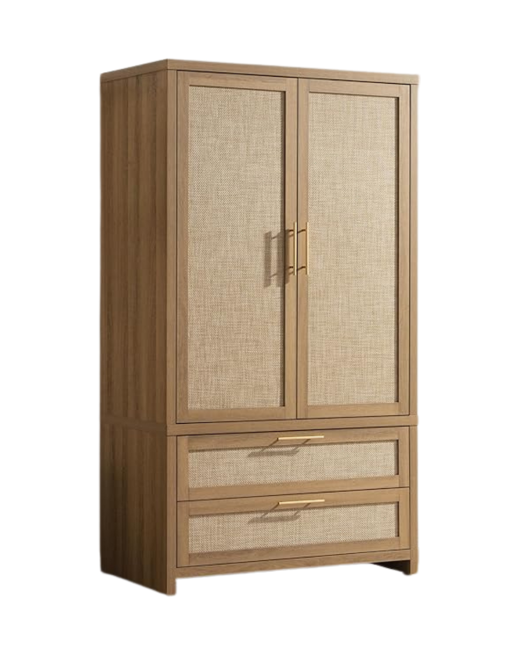 A tall wooden cabinet with two woven rattan doors and three drawers at the bottom, featuring gold-colored handles.