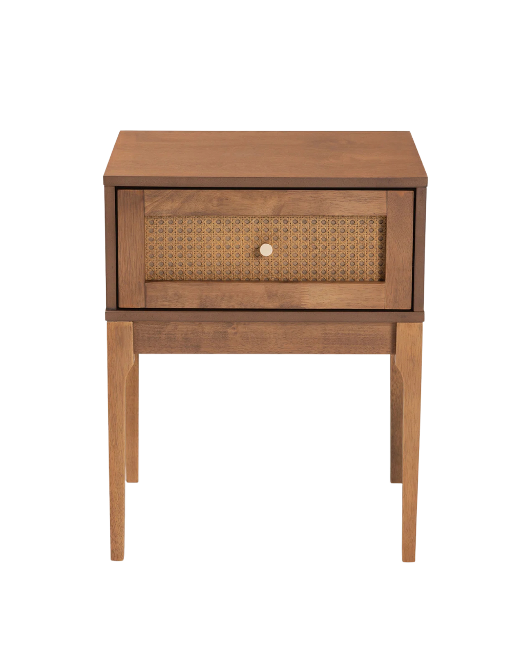 A wooden nightstand with a drawer featuring a woven rattan front and a small circular handle, standing on four legs.