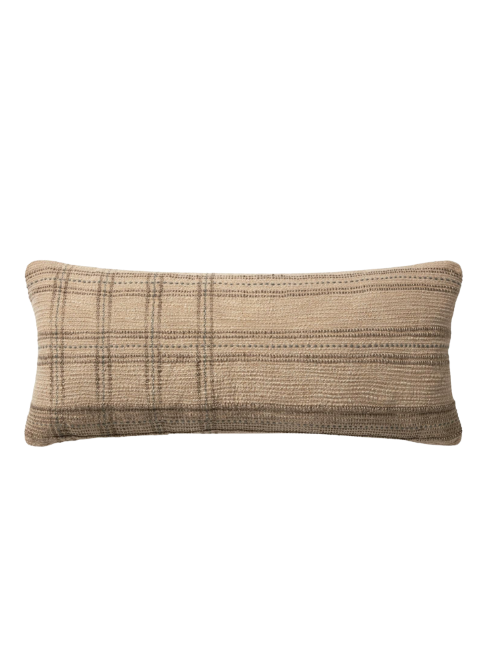 Neutral lumbar pillow featuring soft texture and cozy, designer-inspired details