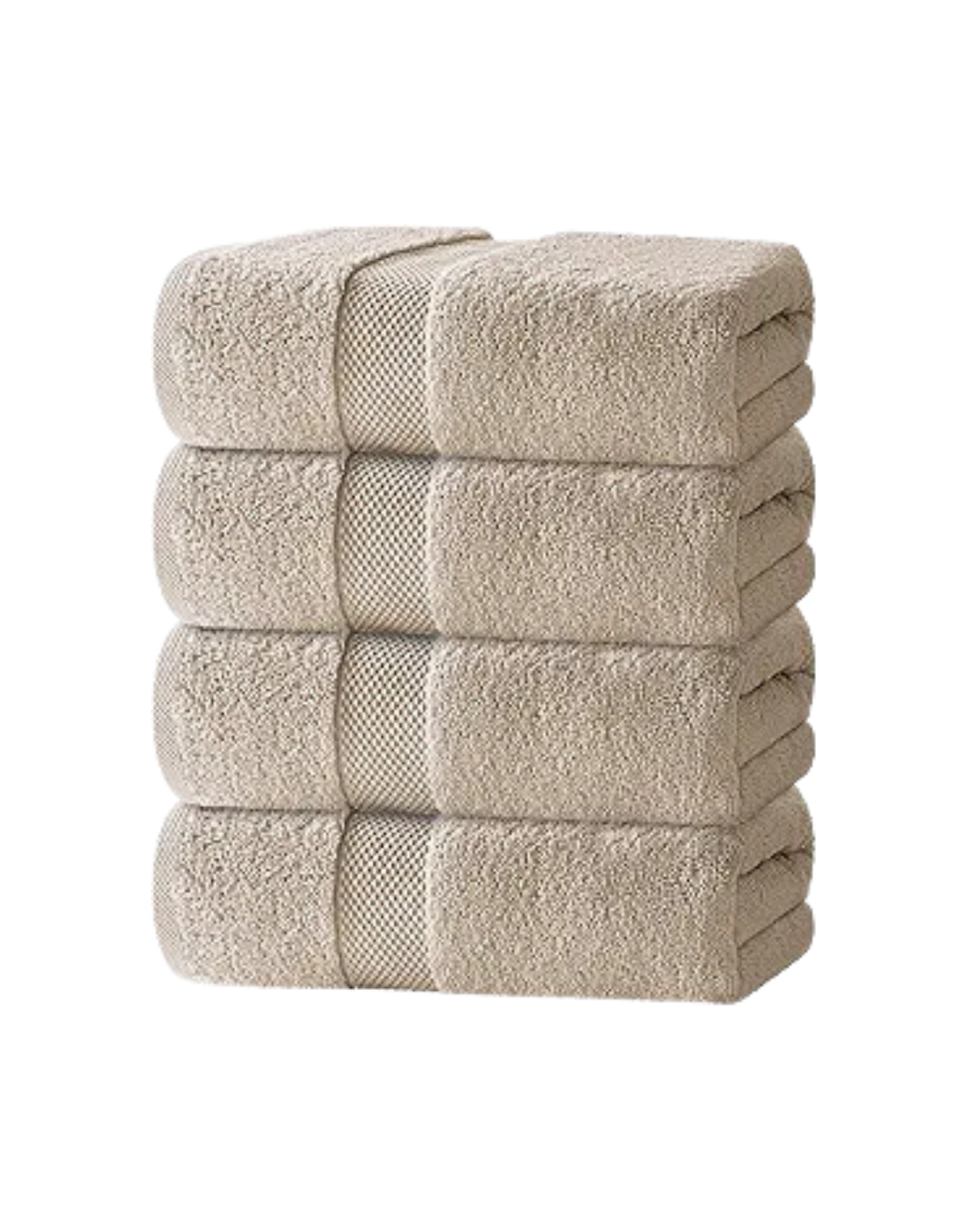 Stack of beige towels with a white and beige textured stripe in the middle.
