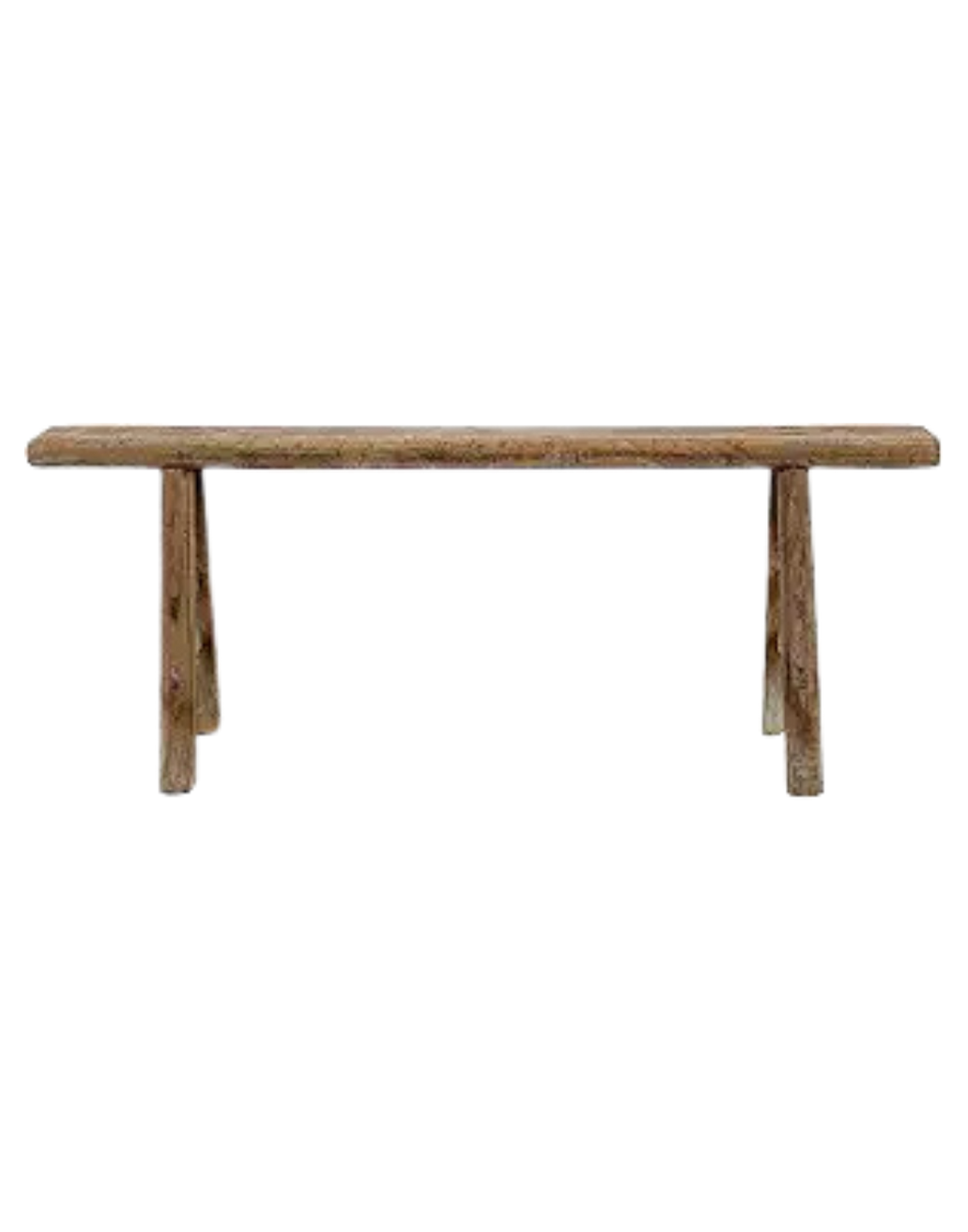 A rustic wooden bench with a flat rectangular seat and two supporting legs.